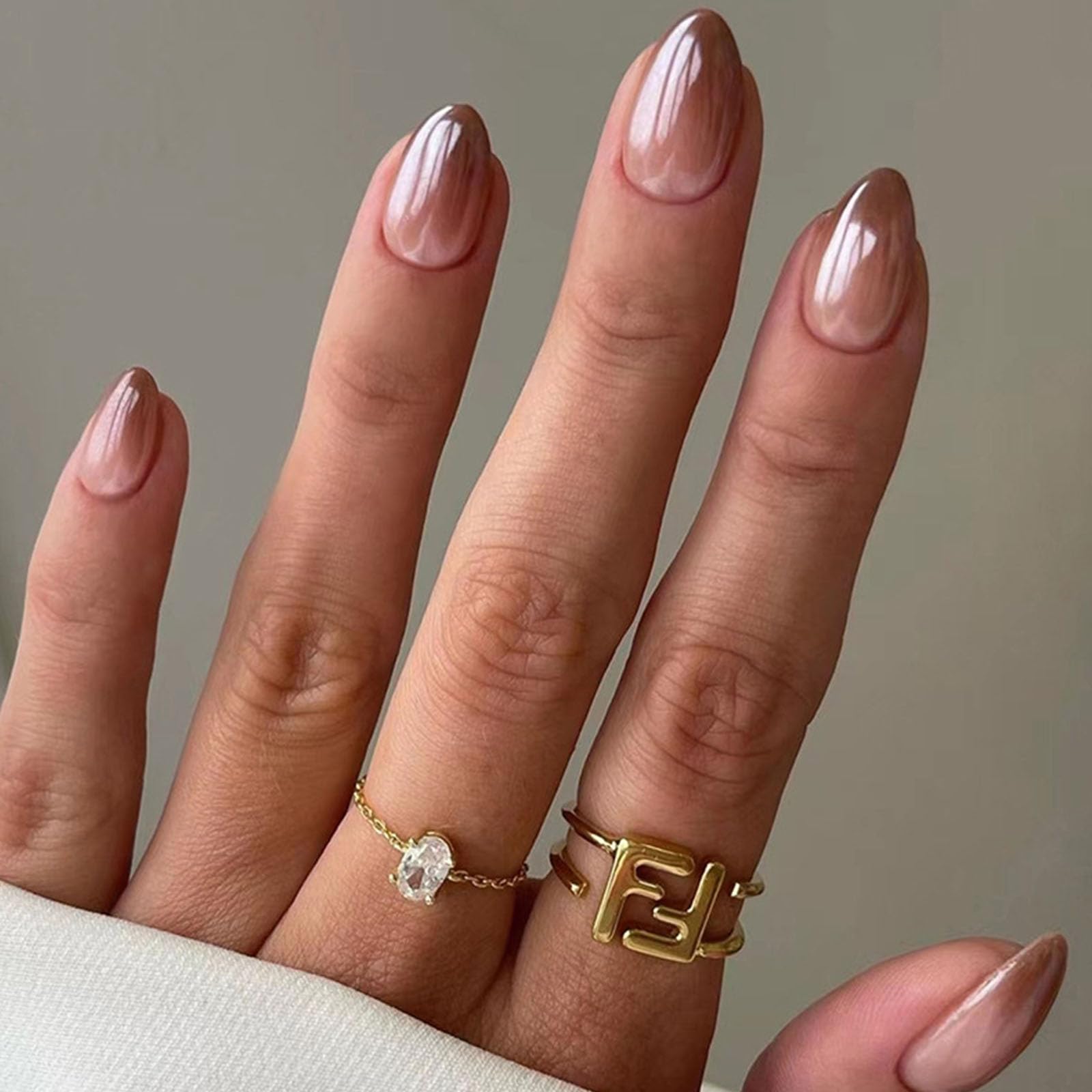 Press on Nails Short Almond Fake Nails Fall False Nails Brown Gradient Acrylic Nails for Women 30 Pcs