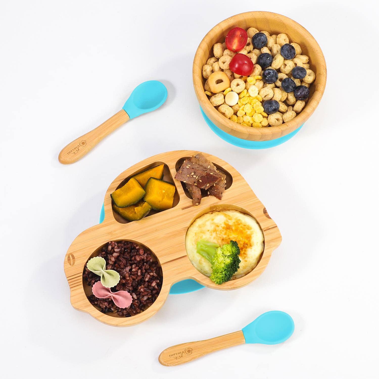 Vinsani Bamboo Car Plate Bowl and Spoon Set for Baby Toddler Kids Children, Suction Plate, Stay-Put Non-Slip Base Design, Hypoallergenic, Food-Grade Silicone and BPA-Free Baby Feeding Set (Blue)
