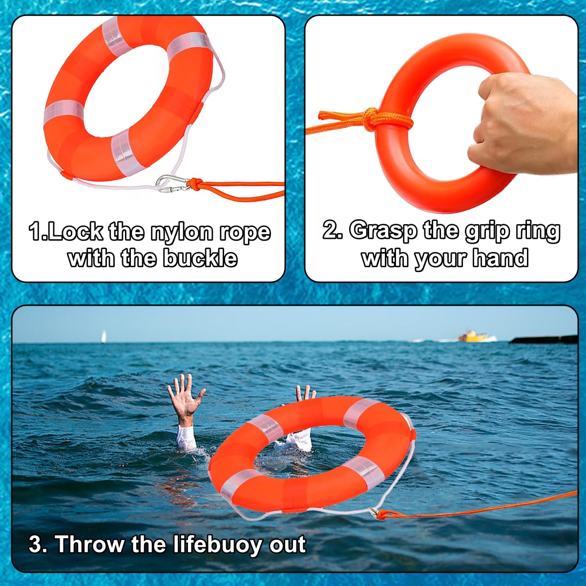 Rettungsring-Set, 50,8 cm, Rettungsring und schwimmendes schwimmendes Rettungsseil, 20 m, Schwimmring aus Schaumstoff, Sicherheits-Wurfring mit Umlaufseil, Wurfgerät