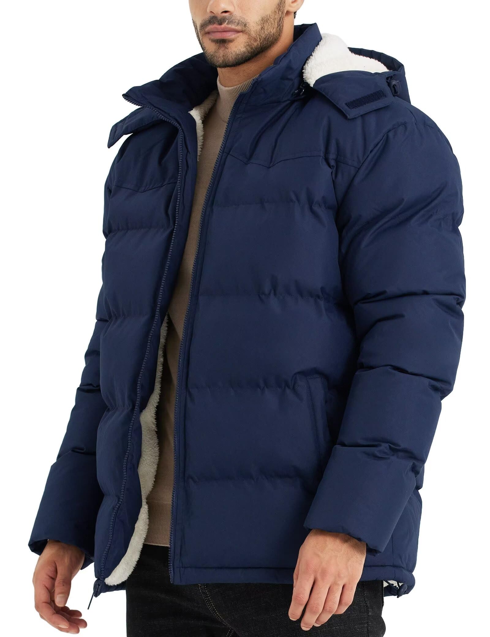 BEST SOUTH Mens Hooded Winter Puffer Jacket Fleece Warm Bubble Coat Outerwear Cold Weather
