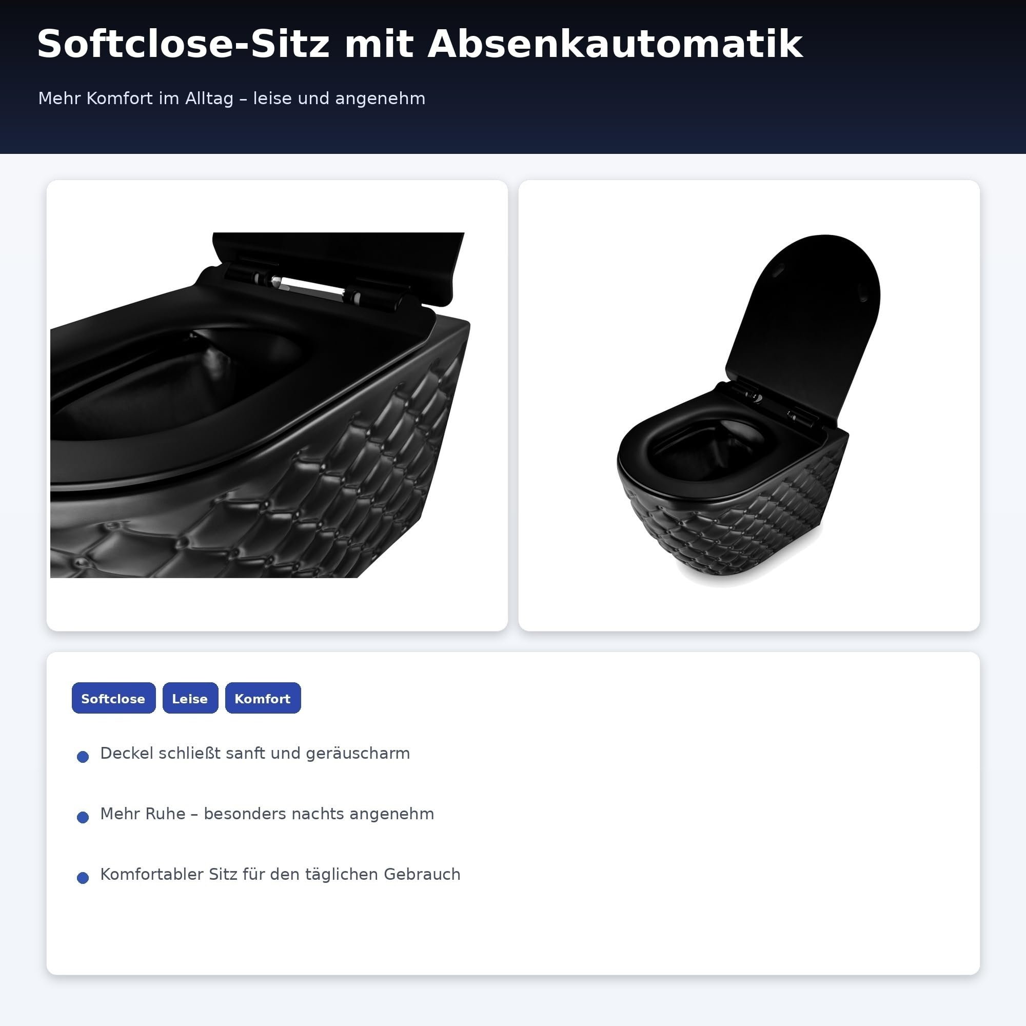 Hänge-WC Wand-WC Set Schwarz Matt - Design Tiefspüler aus Keramik mit Sitz | Spülrandlose Hänge-Toilette mit Absenkautomatik. Komplettset inkl. Schallschutz & reinigungsfreundlicher Nano-Beschichtung.