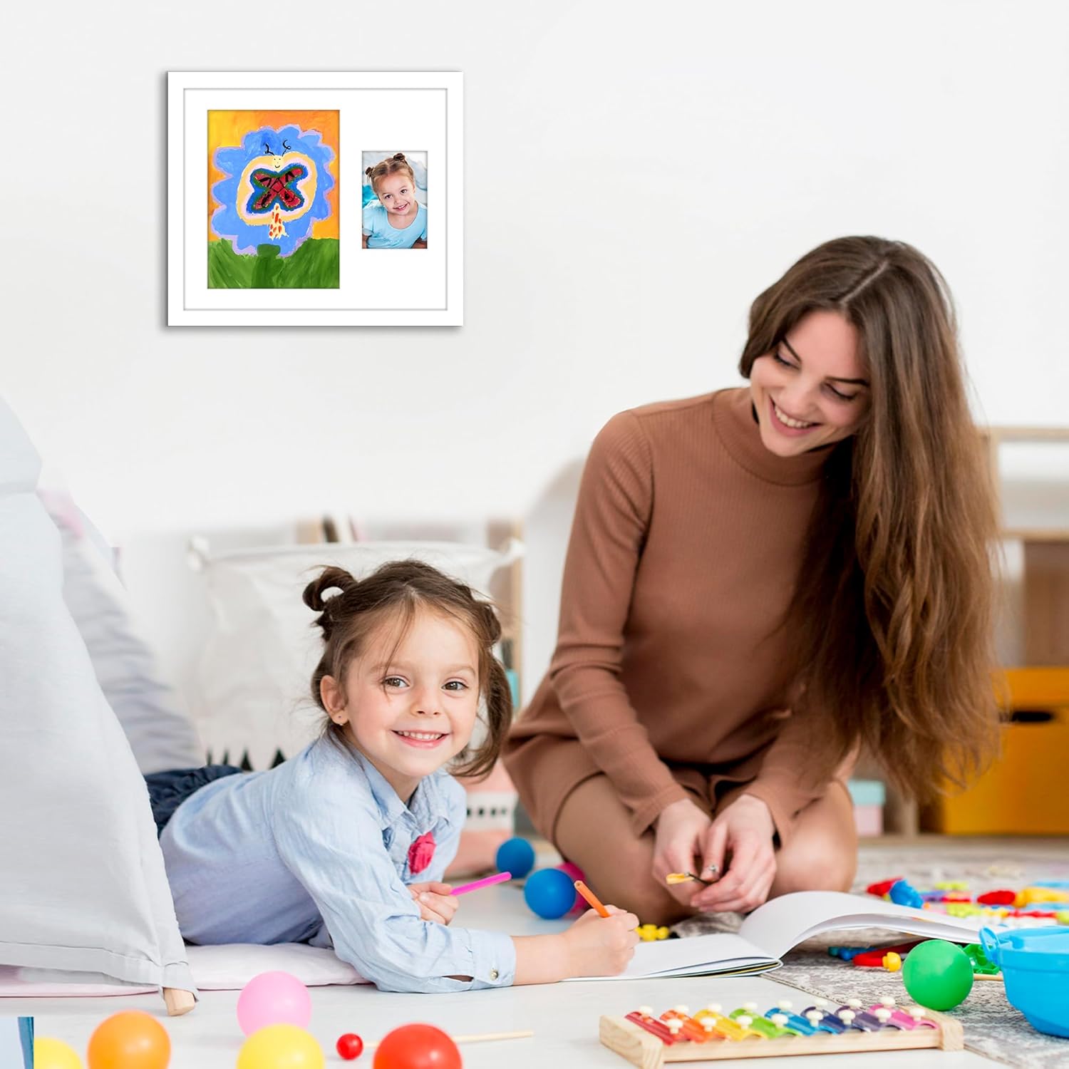 Americanflat Kids Art Frame with Two Openings and Storage - Use as 8.5x11 Picture Frame for Kids Art Display and One 4x6 Photo - My Mini Masterpiece - Changeable Display - White