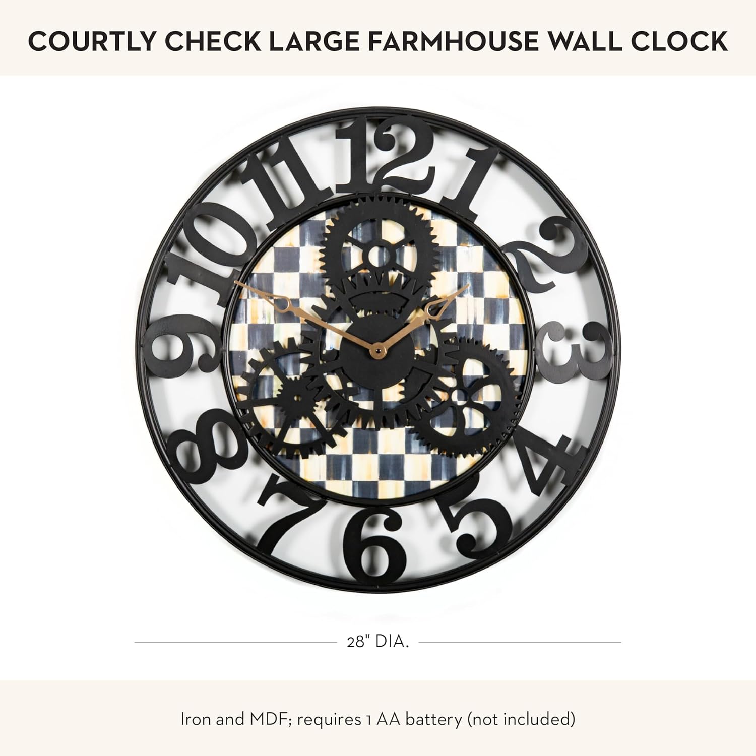MACKENZIE-CHILDS Farmhouse Wall Clock, Decorative Clock for Living Room or Kitchen, Large, Black-and-White Courtly Check