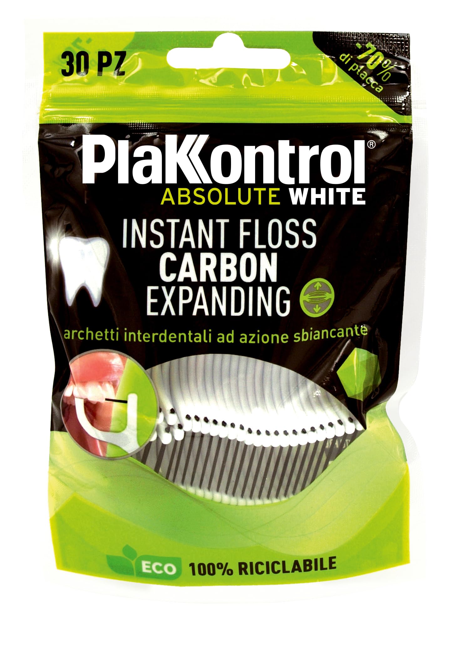 Plakkontrol® Absolute White Instant Floss Carbon Expanding, archetti interdentali ad azione sbiancante con microparticelle di carboni attivi vegetali - 30 pz – peso confezione: ℮ 30 g