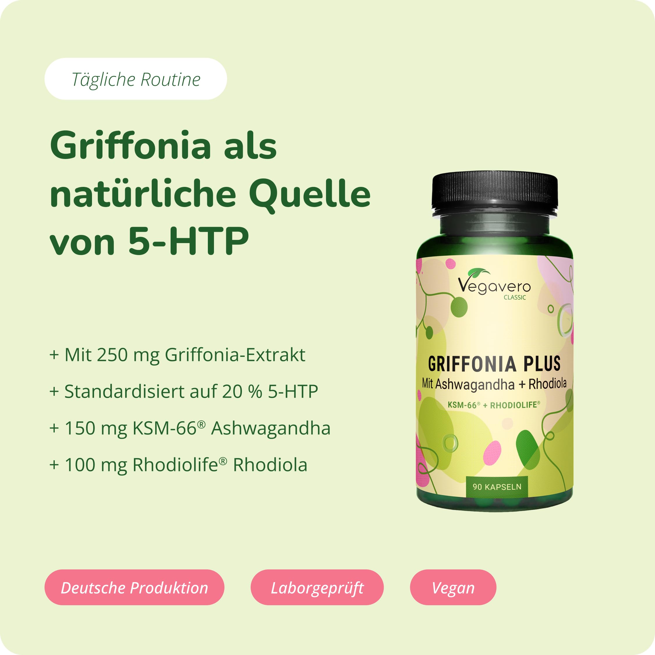 Vegavero 5-HTP Kapseln | aus Griffonia | Mit Ashwagandha KSM-66 und Rhodiola Rosea Rhodiolife | Adaptogene Komplex | Laborgeprüft | Ohne Zusatzstoffe | Deutsche Produktion