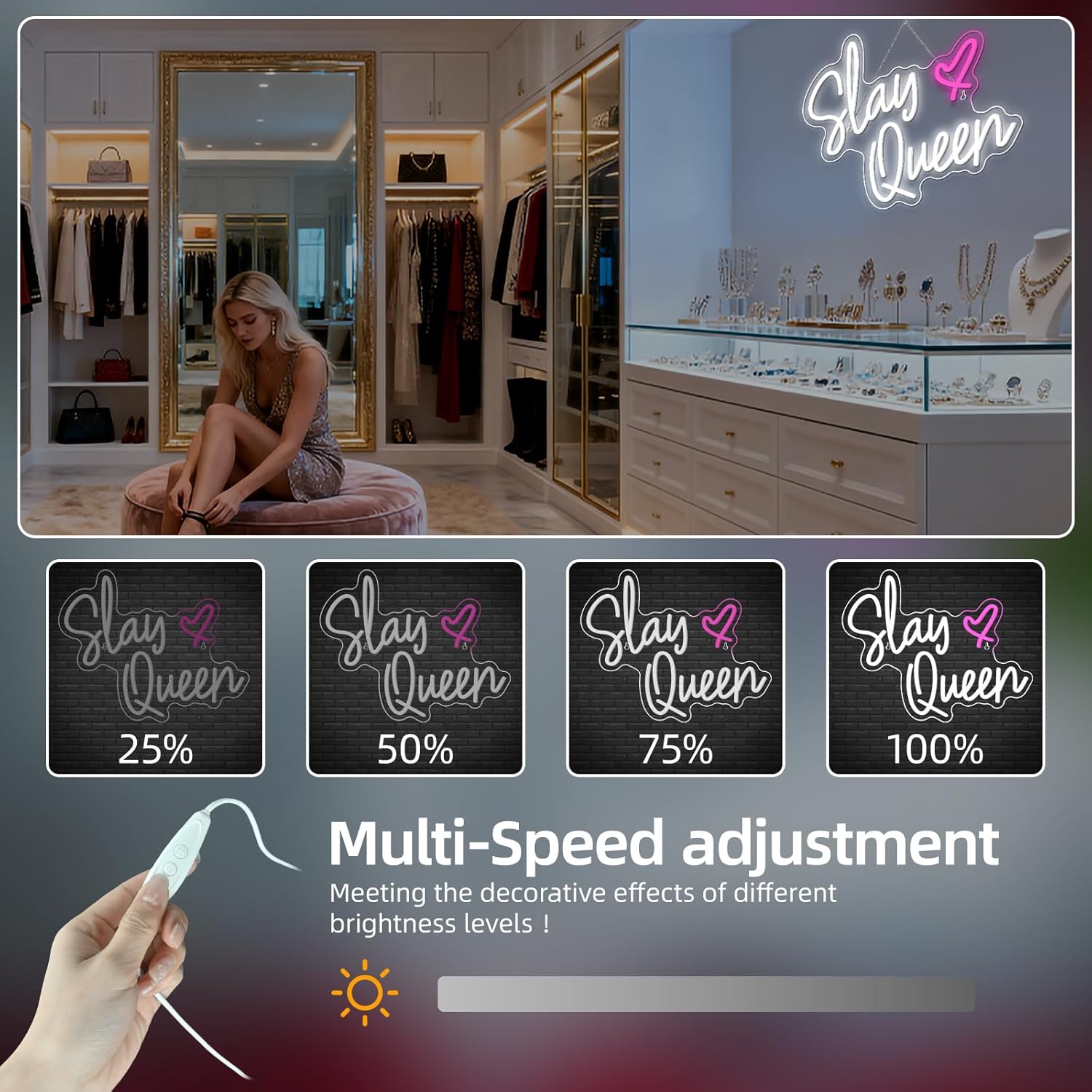 Slay Queen Neon Sign White Pink LED Neon Light Up Signs for Wall Decor Usb Neon Light for Bedroom Preppy Girl Aesthetic Room Dorm Decor Y2k Party Gifts
