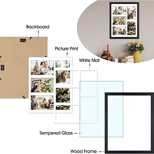 Miniatura 3 de Golden State Art, Marco de madera negro de 11 x 14 pulgadas con paspartú blanco, muestra cinco fotos de 4 x 6 pulgadas, vidrio templado, montaje en