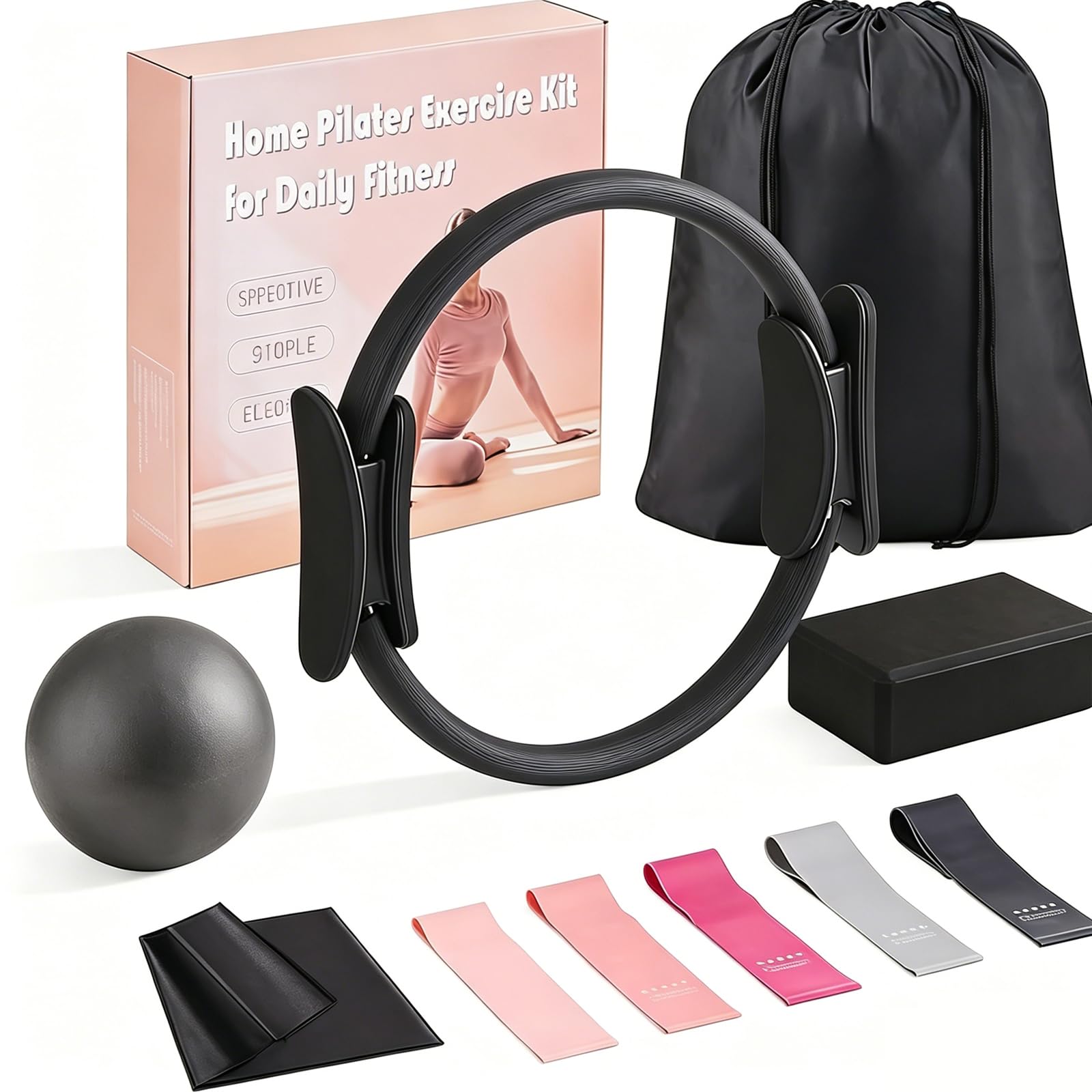Nihaoya 10 Pcs Black Home Pilates Essential Kit Workouts Fitness Mini Ball Womens Pilates Set Beginners Yoga Magic Circle