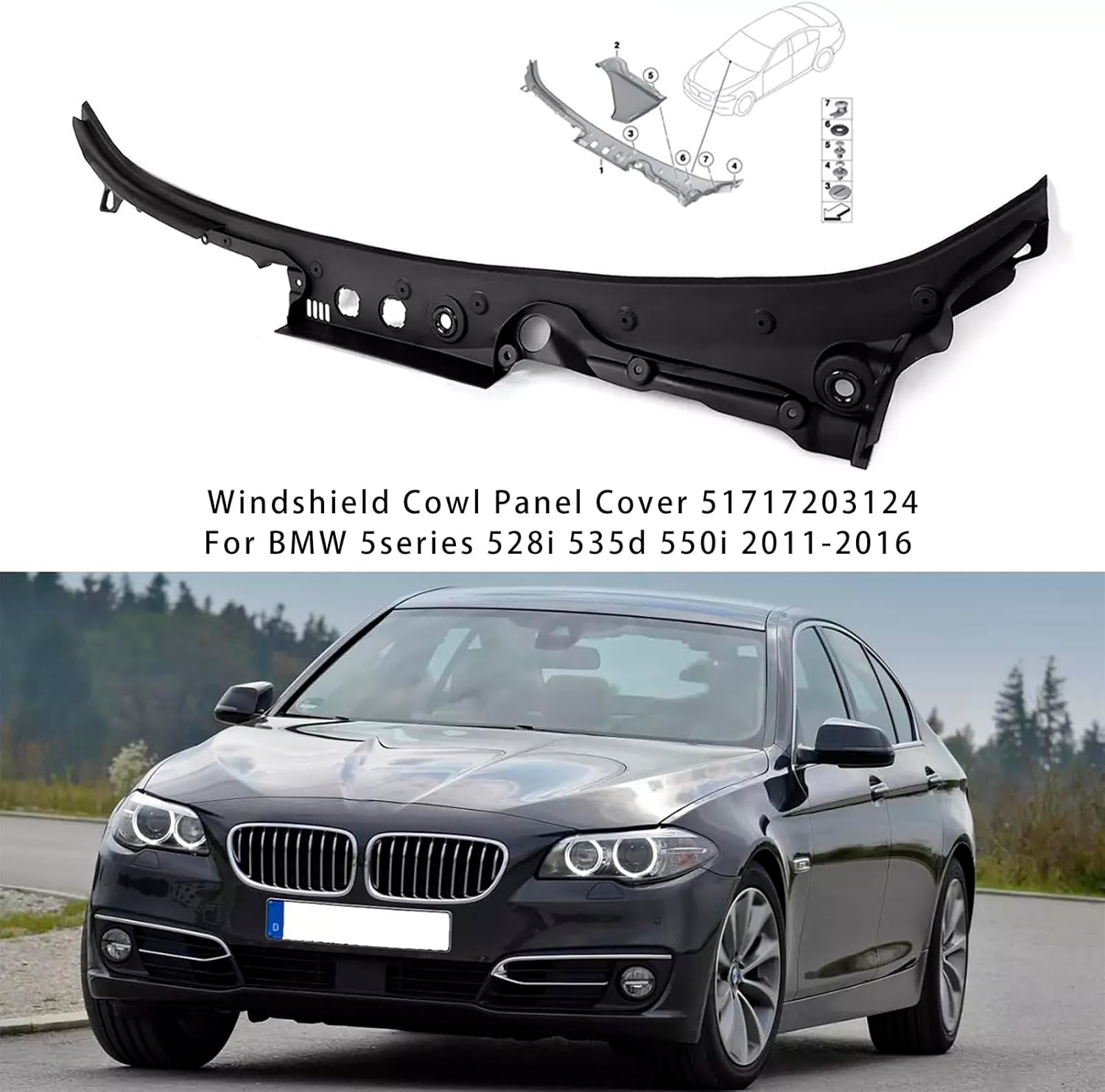 Areyourshop Windshield Cowl Panel Cover 51717203124 for BMW 5series 528i 535d 550i 2011-2016