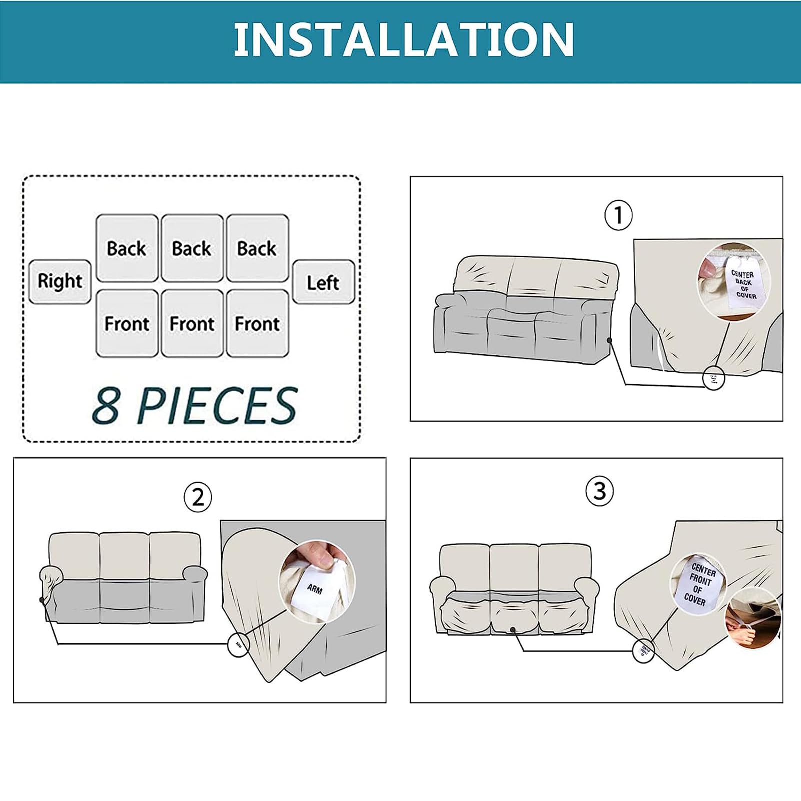 Funda de Sillón Reclinable Relax 1 2 3 Plazas Elástica Jacquard Suave Funda de Sofá con Bolsillos Laterales Protector de Muebles Cubre Sofá Antideslizante (Blanco Marfil,3 Plazas)