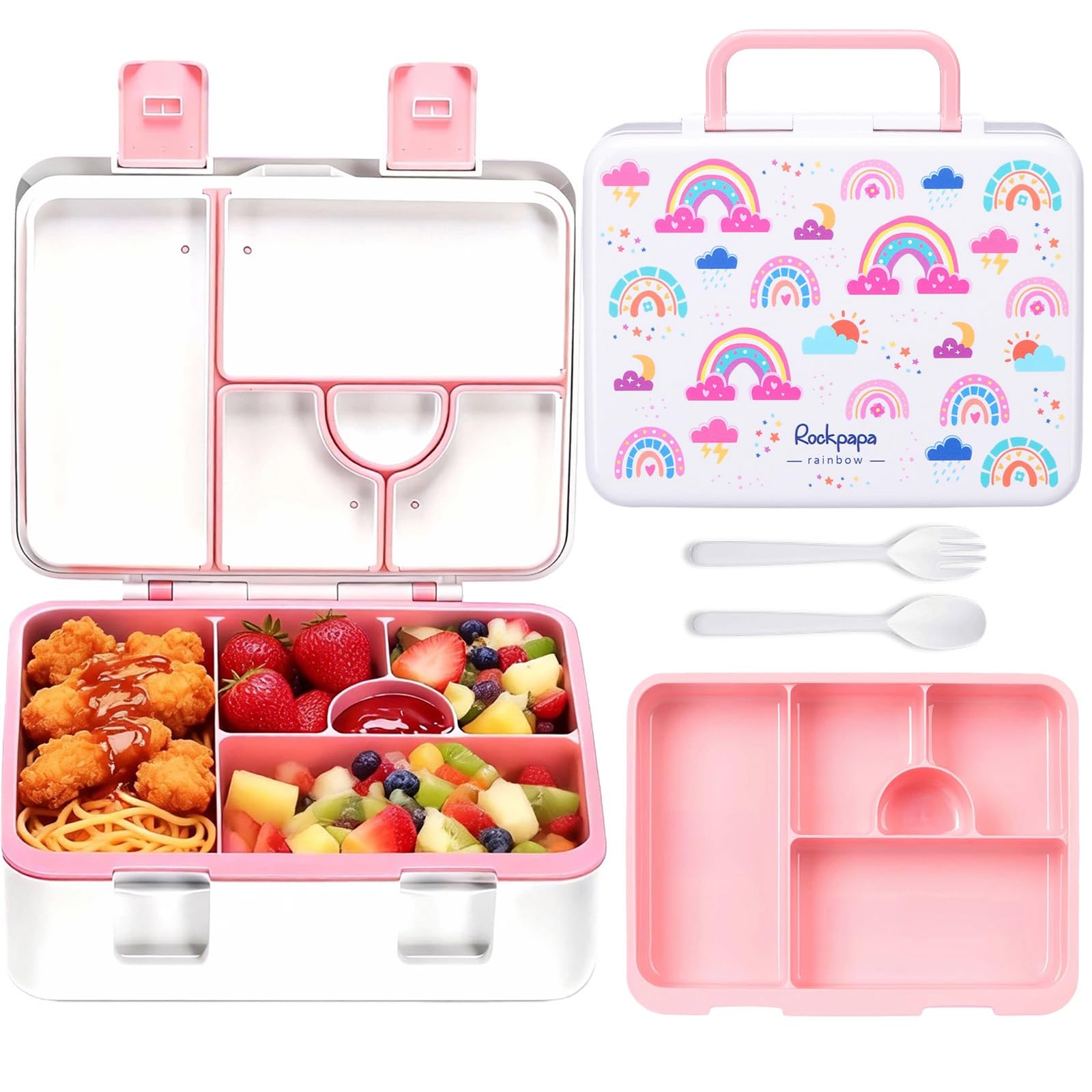 rockpapa 5 Compartment Bento Lunch Box for Kids, Leak Proof, Dishwasher Safe, BPA Free Materials, Snack Bento Box with Utensils, Ideal Portion Size for Boys Girls Ages 3+ (White Rainbow)