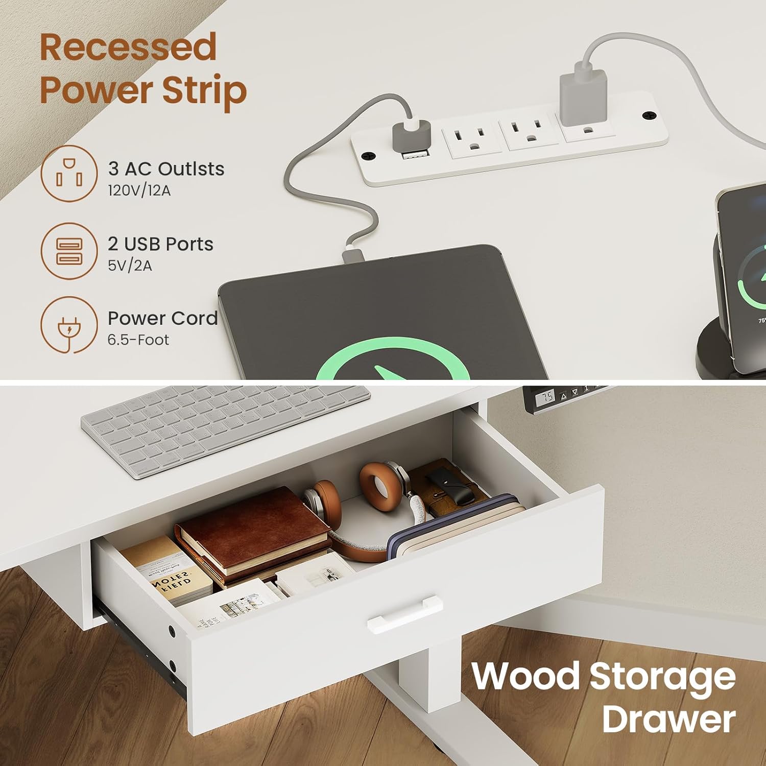 Close-up of the recessed power strip on the desk, showing 3 AC outlets and 2 USB ports, with devices plugged in.