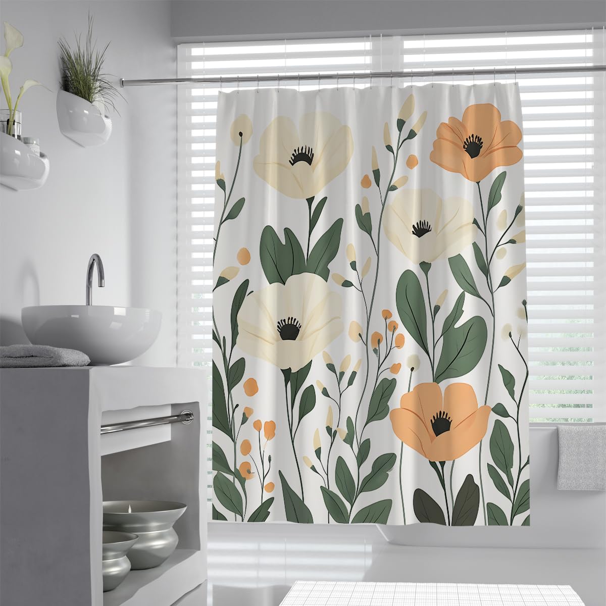 UIRINGART Cream Peach Shower Curtain W200xL220cm Modern Botanical Flower Print Waterproof Polyester Mildew Resistant Quick Dry Bathroom Decor with Hooks