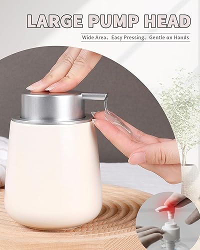 Miniatura 4 de BosilunLife Dispensador de jabón de manos  Dispensador de jabón de cerámica beige y gris de 12 onzas, dispensador de líquido recargable para jabón