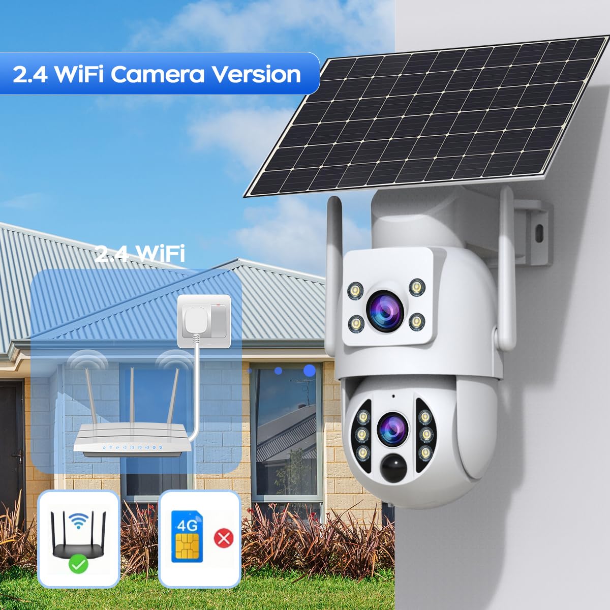 JOOAN Cámara de seguridad solar inalámbrica WiFi 2Kx2 360°PTZ Cam doble lente 9000mAh batería color noche sonido y luz alarma IP66 resistente a la intemperie tarjeta de seguimiento humano