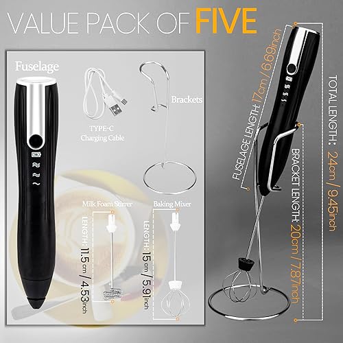 Miniatura 2 de Espumador de leche de mano USB-C recargable mezclador de espuma de bebida eléctrico con 2 cabezales, 1 soporte, 3 velocidades ajustables, mini