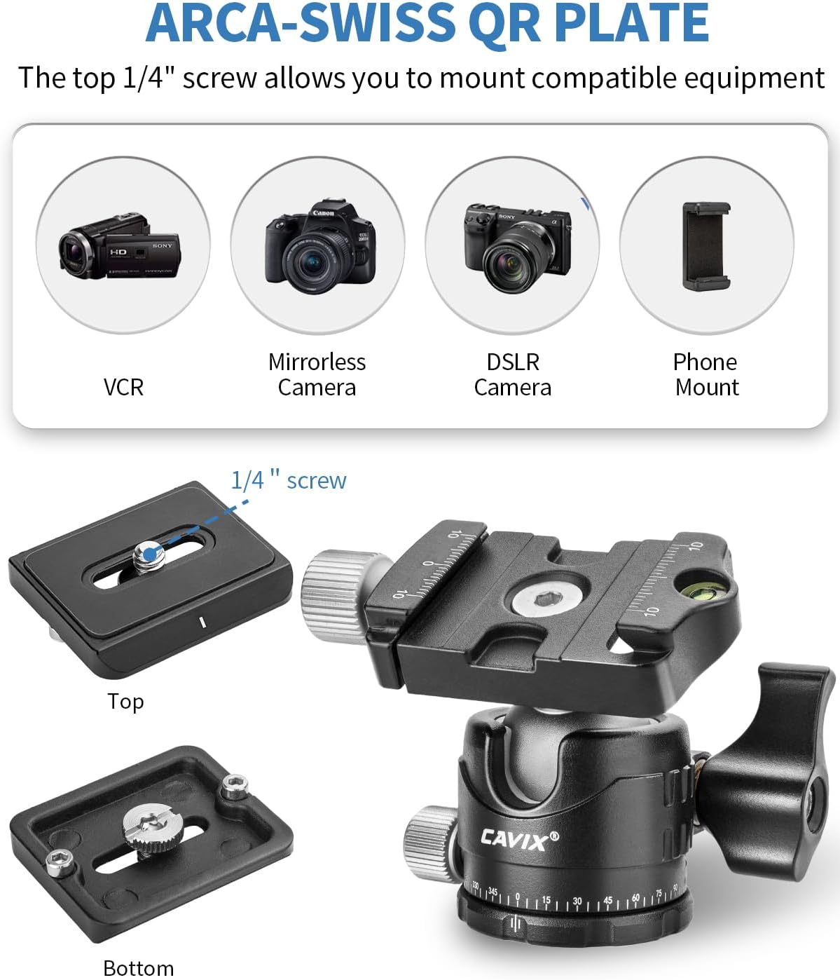 CAVIX Ball Head Mount with 1/4" Screw Arca Type Quick Release Plate 360 Degree Swivel Tripod Ball Head Loading 22lb/10kg