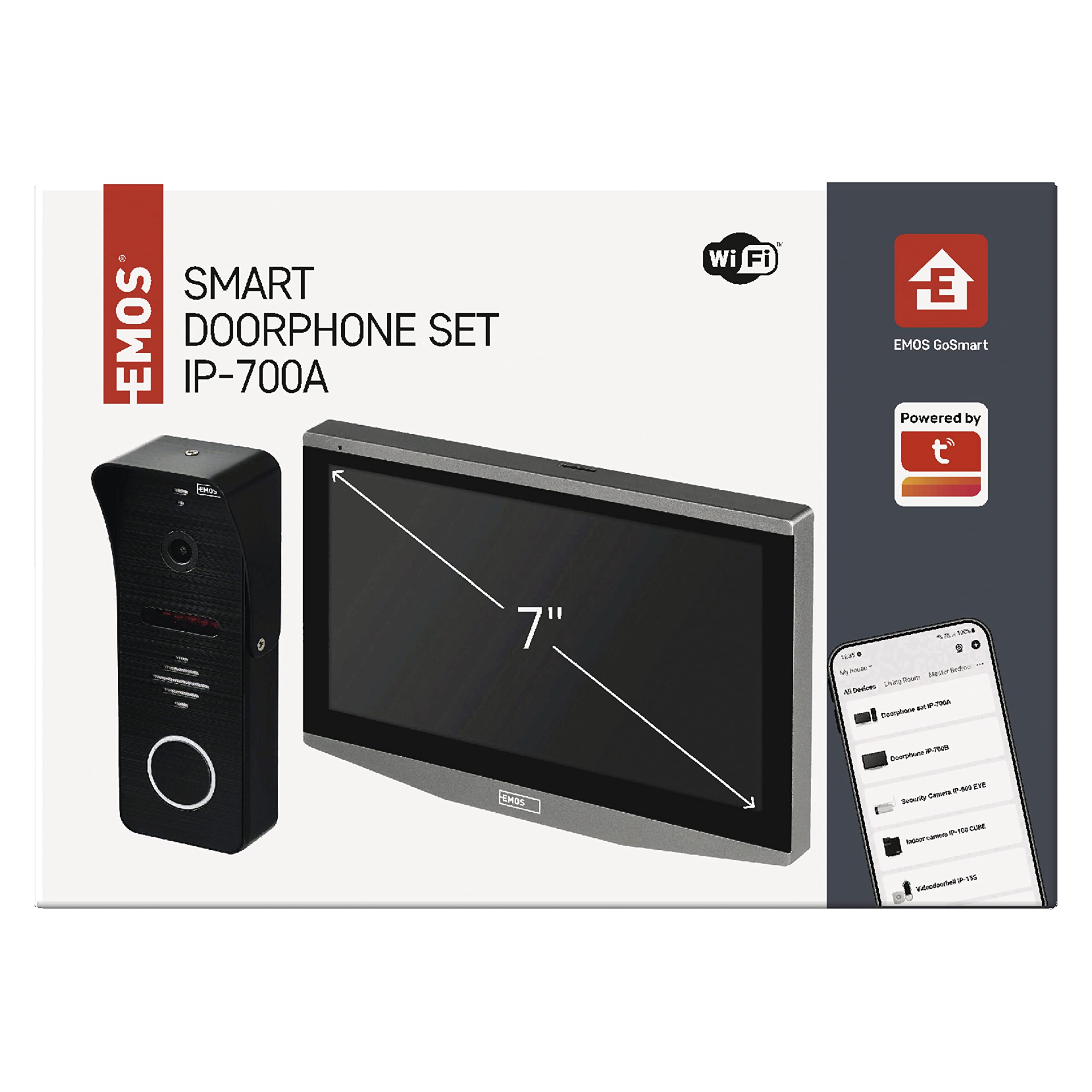 EMOS GoSmart wideodomofon IP-700A z WiFi i aplikacją, wodoszczelna kamera Full-HD z noktowizorem na podczerwień, monitor z kolorowym wyświetlaczem LCD 7", migawka, nagrywanie, sterowanie zamkiem drzwi