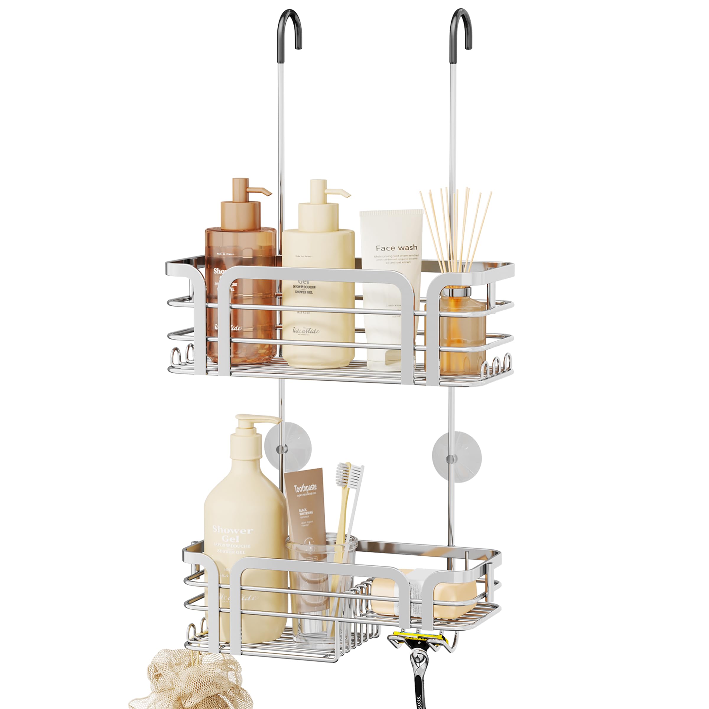 SWTYMIKI Shower Caddy Hanging Organiser - Over Door Shower Caddy with Soap Holder, 11 Hooks, 2 Installation Ways for Shower Organiser, Stainless Steel Shelf Hanging for Bathroom Shampoo, Conditioner