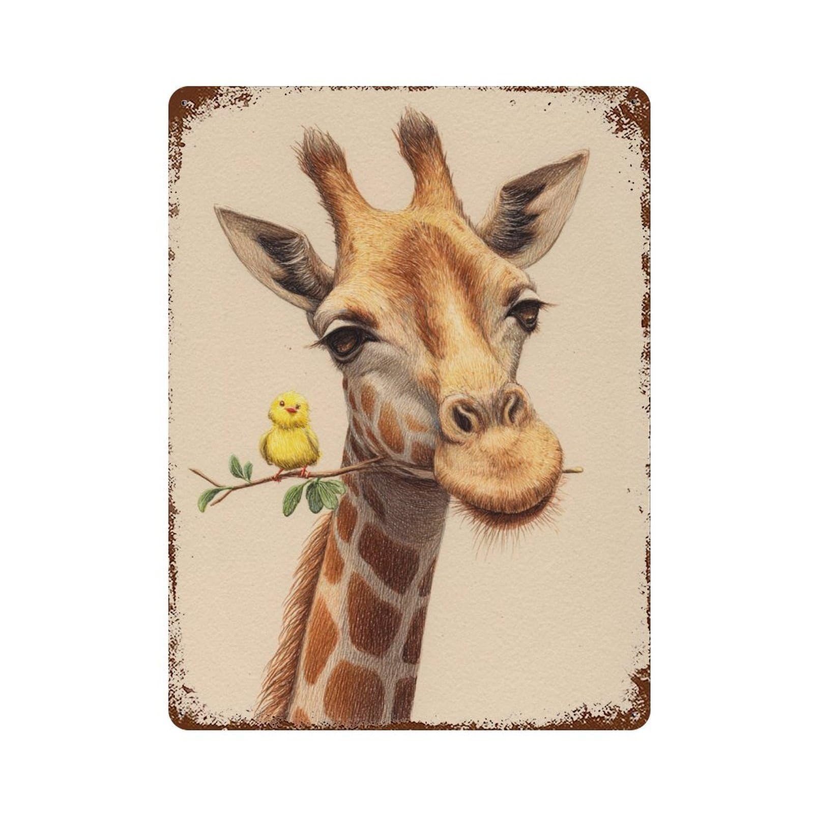Rust Effect Giraffe with Yellow Chick on Branch Aged Metal Wall Plaque 15.7"x11.8", Industrial Home Decor for Cafe, Home Bar And Lounge Decor
