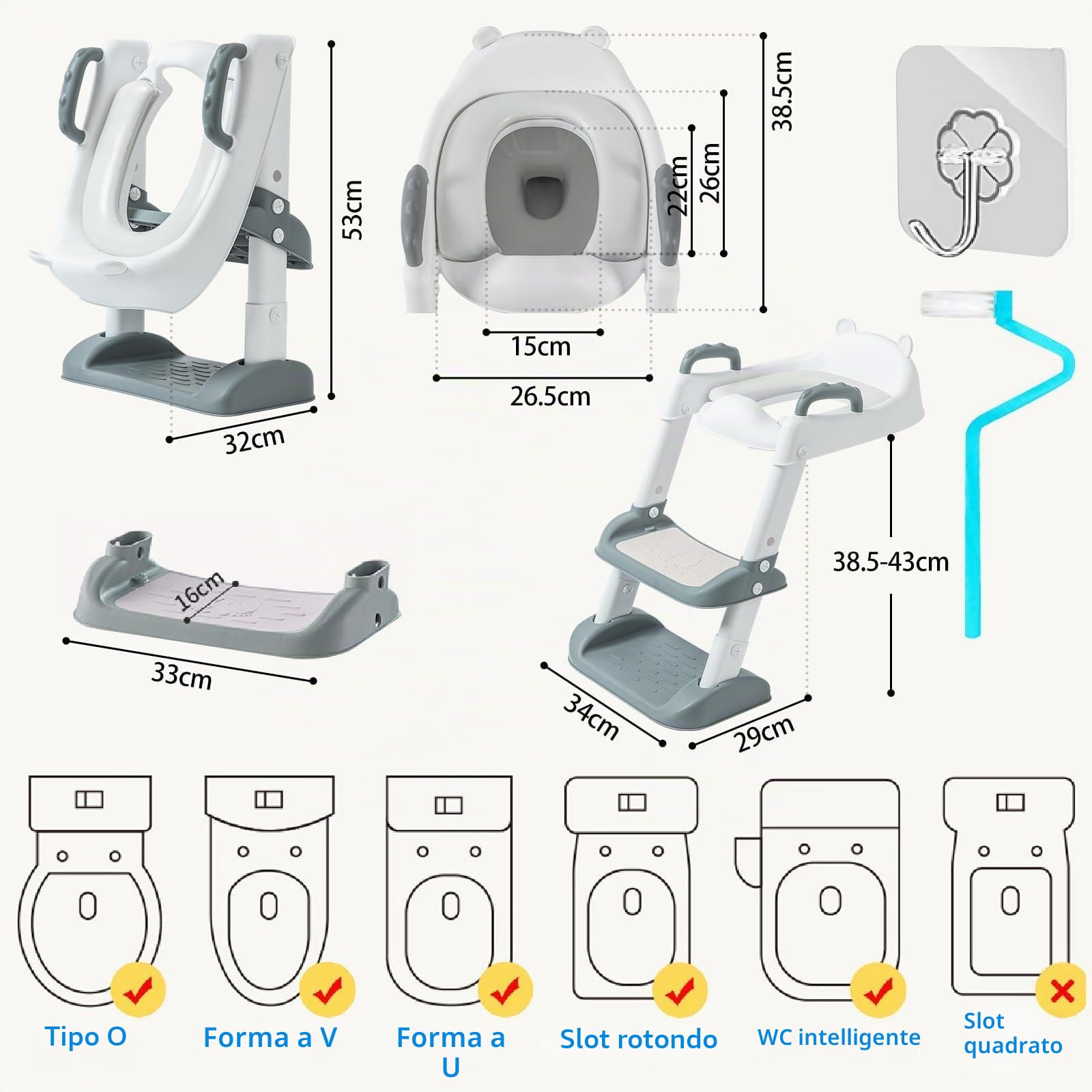 UCAMP Riduttore wc per bambini,Scaletta WC per Bambini Pieghevole,Riduttore wc Bambini,Pieghevole Regolabile in Altezza,con PU Morbida Seduta Imbottita, pedana antiscivolo anti-spruzzo,per V,U,O