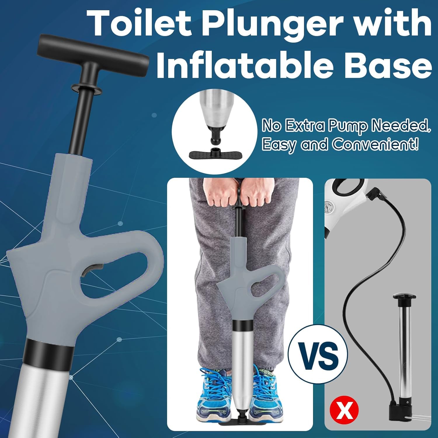 Toompel, kit di scarico dell'aria ad alta pressione con 4 teste sostituibili, pompa di scarico per WC, lavabo, vasca da bagno, scarico a pavimento (grigio)