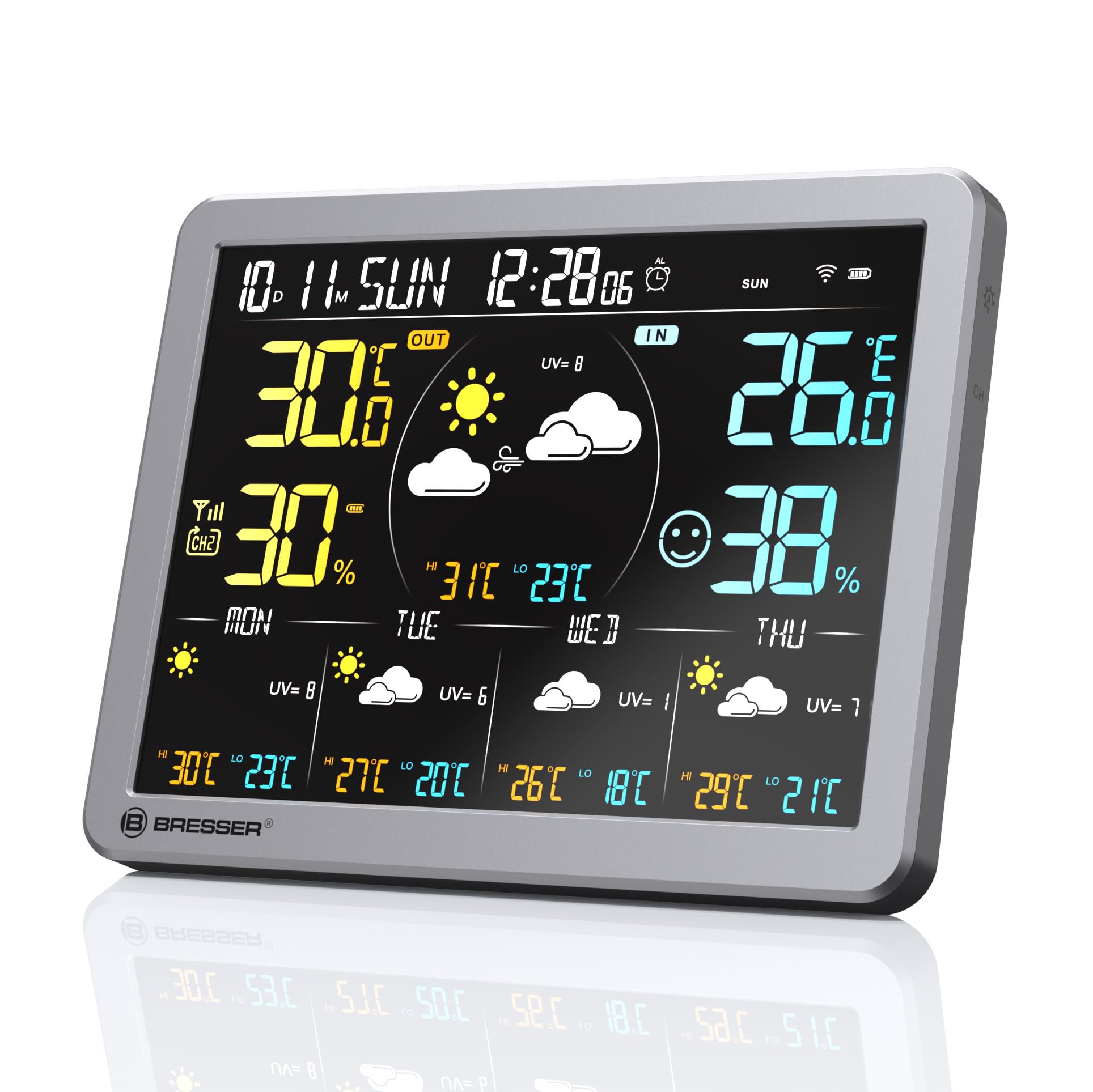 Bresser Stazione meteo Wi-Fi con app per Tuya Smart Home, previsione di 5 giorni, termoigrosensore, cronologia, indicatore di comfort, sveglia, allarme