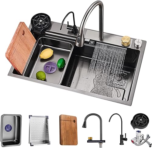 Fregadero de cocina tipo cascada, fregadero de barra de acero inoxidable de un solo tazón negro, montaje inferior de la instalación de encimera con