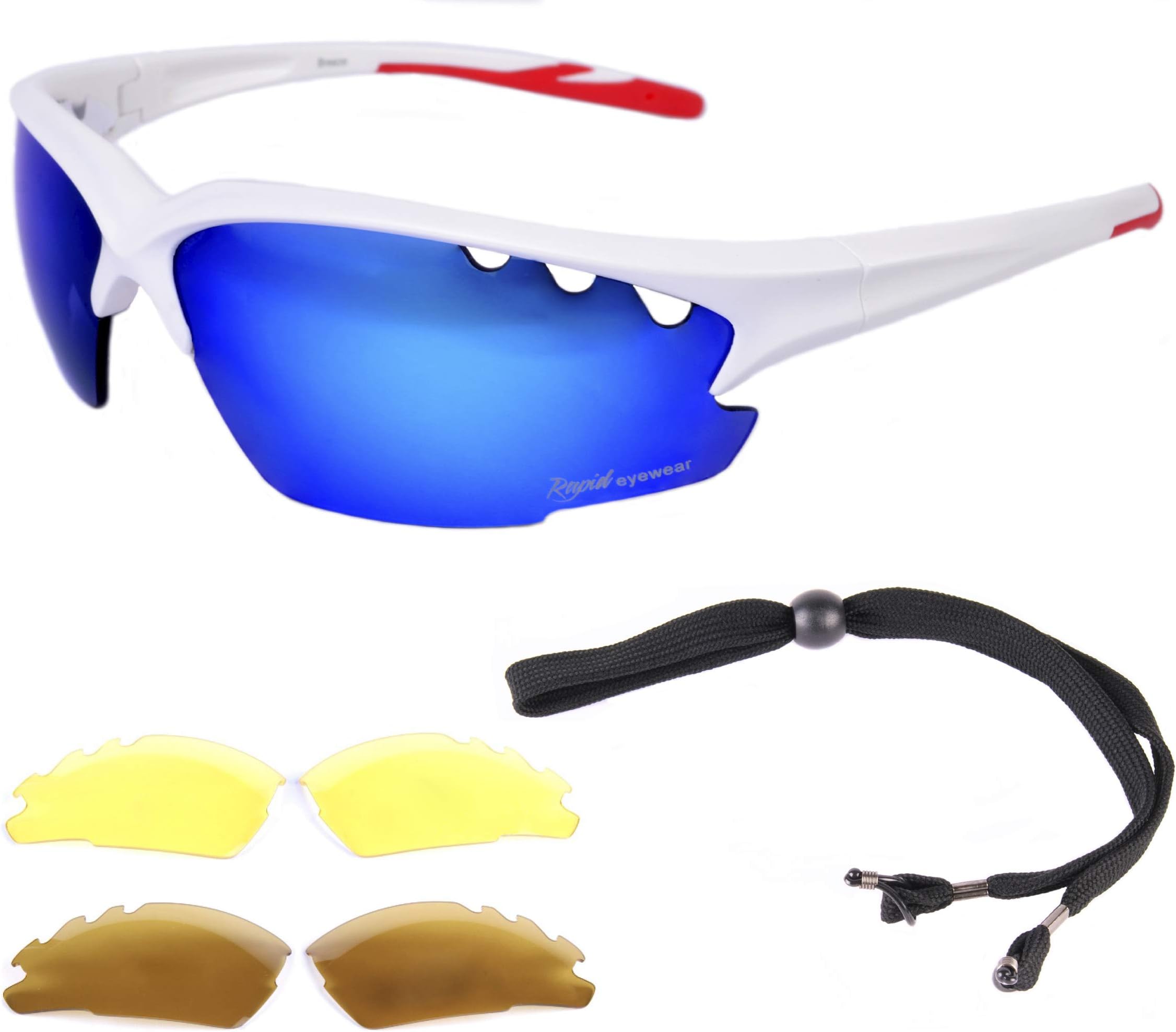 Breeze Lightweight WHITE SPORTS SUNGLASSES with Interchangeable Polarised and Low Light Lenses. For Men & Women. Ideal Cricket, Beach Volleyball and Tennis Glasses. UV400 Protection