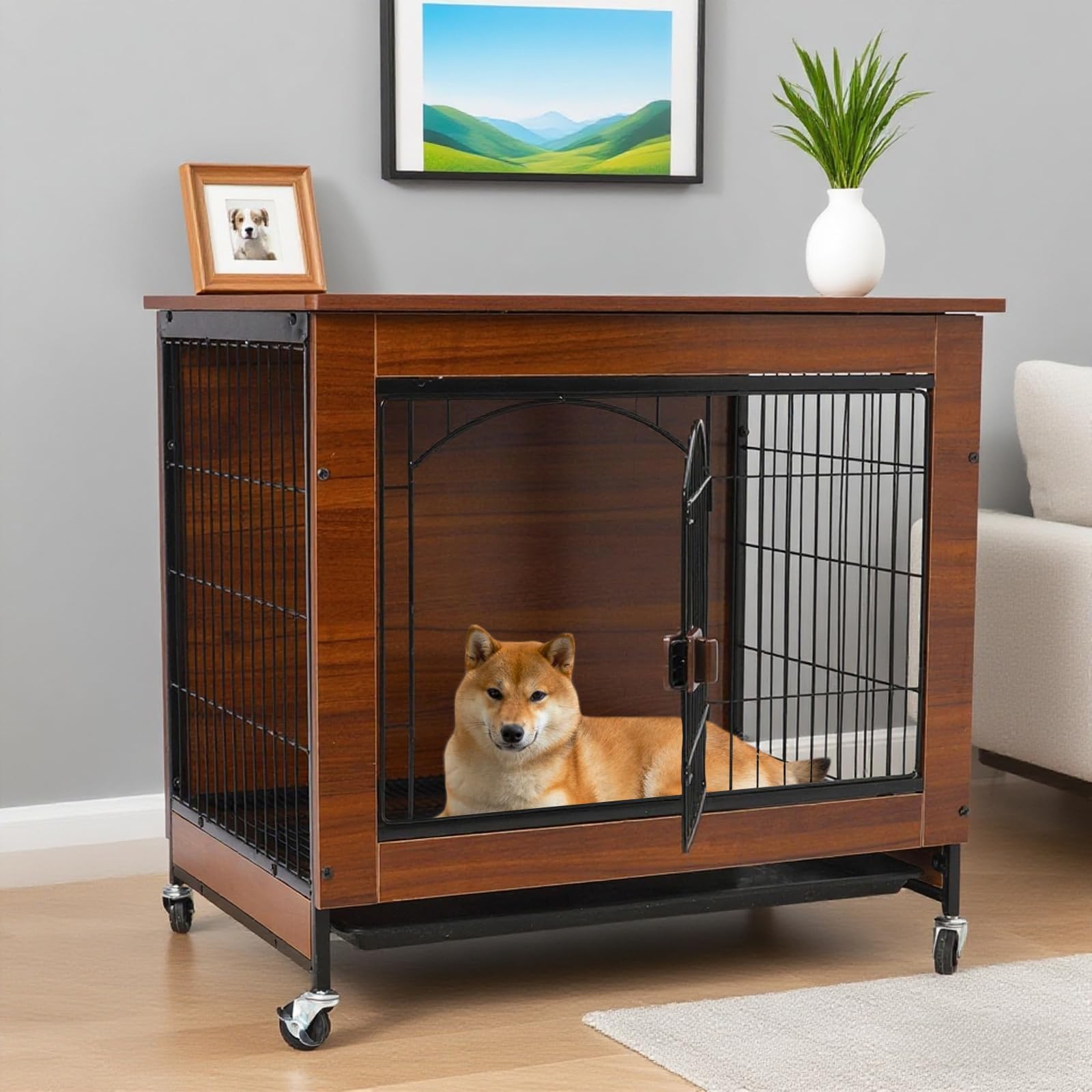 Gabbia per Cani a Stile Mobile, 78cm Casetta per Cani in Legno Moderno per Interni, Multifunzione con Ruote Universali & Vassoio Rimovibile, Adatta a Cani Piccoli/Medi, 78x55x73 cm, Marrone Vintage