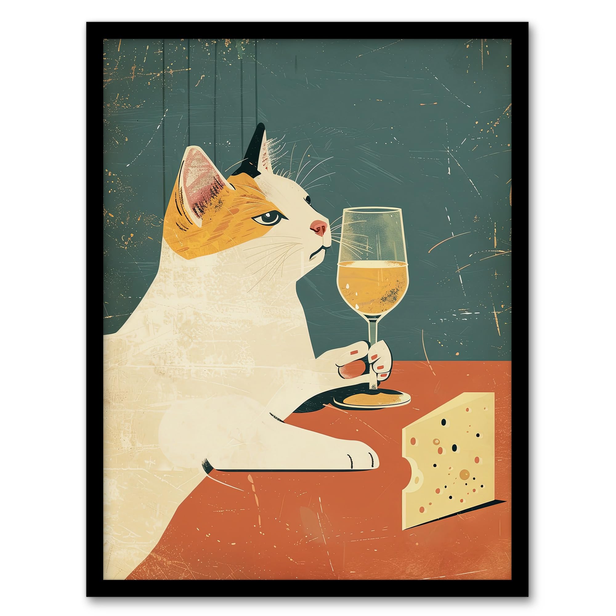 Artery8 Framed A4 Cat Drinking Glass Of Wine With Cheese Painting For Kitchen Artwork Framed Wall Art Print A4