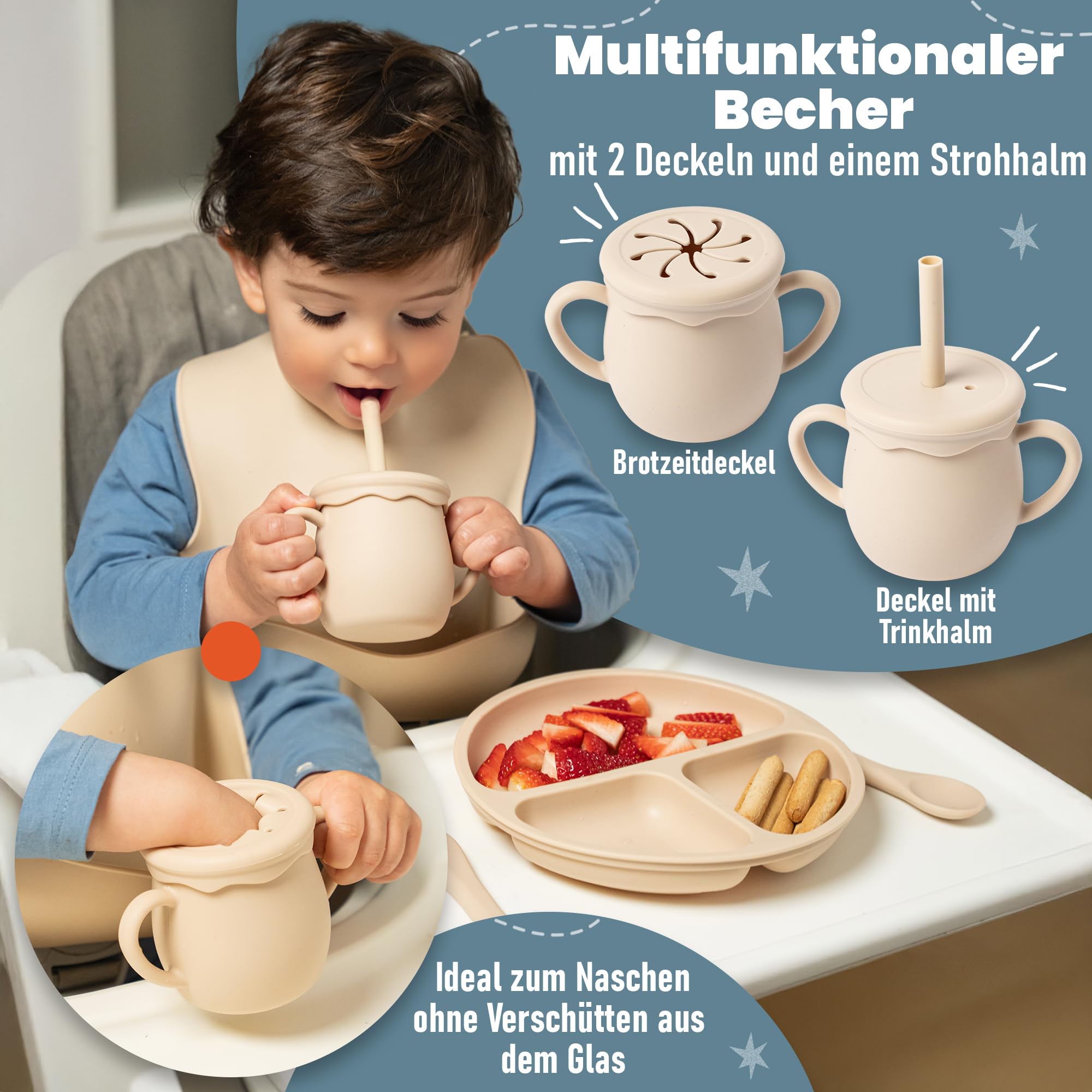 Kindergeschirr set aus Silikon mit Transport oder Aufbewahrungstasche - Kinderbesteck ab 1 jahr - Beikost baby zubehör - Fruchtsauger Baby - Esslernlöffel Baby mit Squeeze Flasche