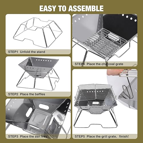 Miniatura 3 de Lineslife Fogata plegable con parrilla para camping, hoguera portátil plegable con parrilla de fogata y bolsa de mano para patio trasero, patio,