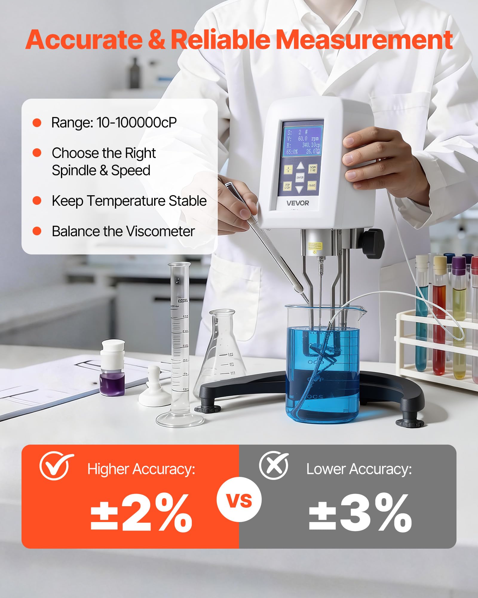 VEVOR Cyfrowy obrotowy wiskozymetr laboratoryjny tester lepkości 10 – 10 0000 mPa·s dokładność ±2%, 100-240 V, wiskozymetr do obróbki lakieru 4-pinowy czujnik temperatury wyświetlacz LCD