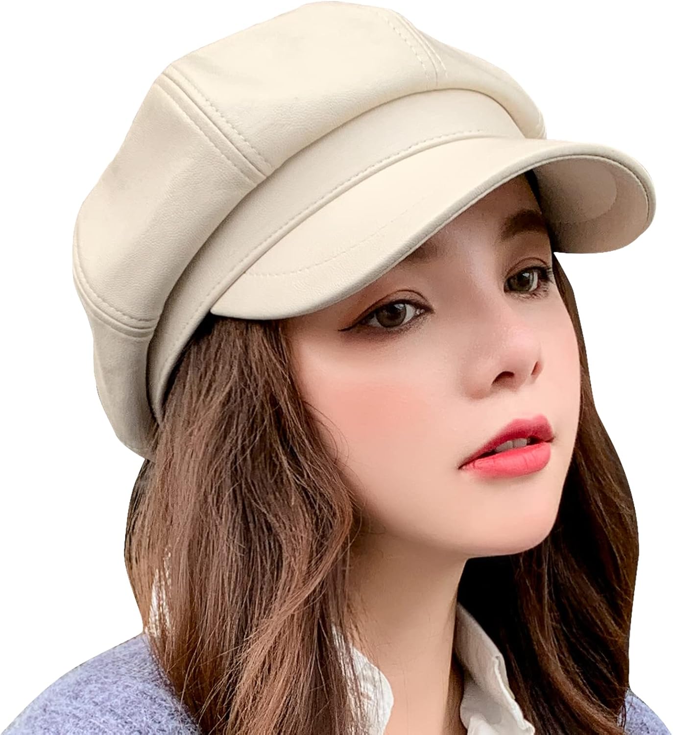 Women's Leather Beret Hat Casual French Hats Solid Newsboy Cabbie Beanie Cap
