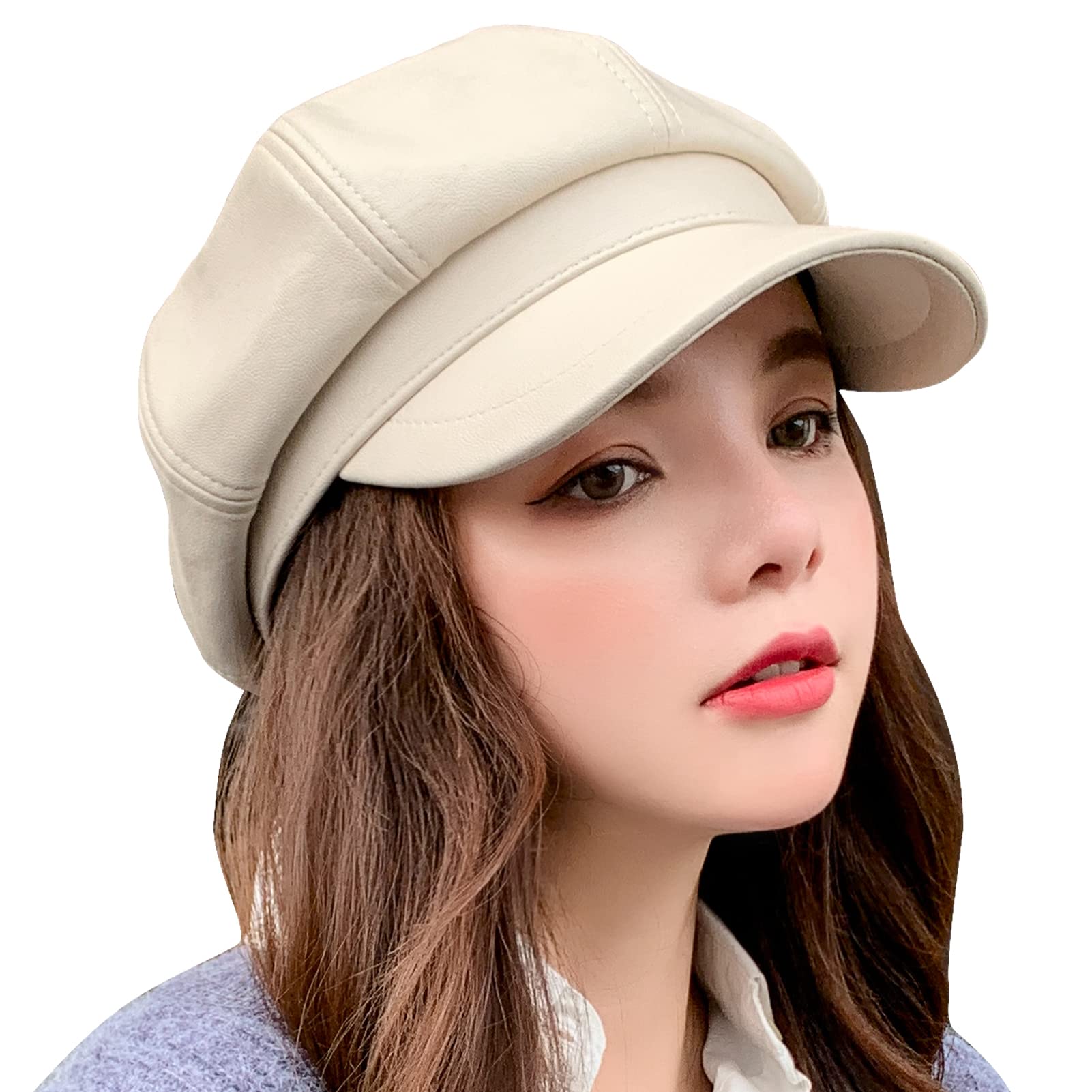 FEOYAWomen's Leather Beret Hat Casual French Hats Solid Newsboy Cabbie Beanie Cap