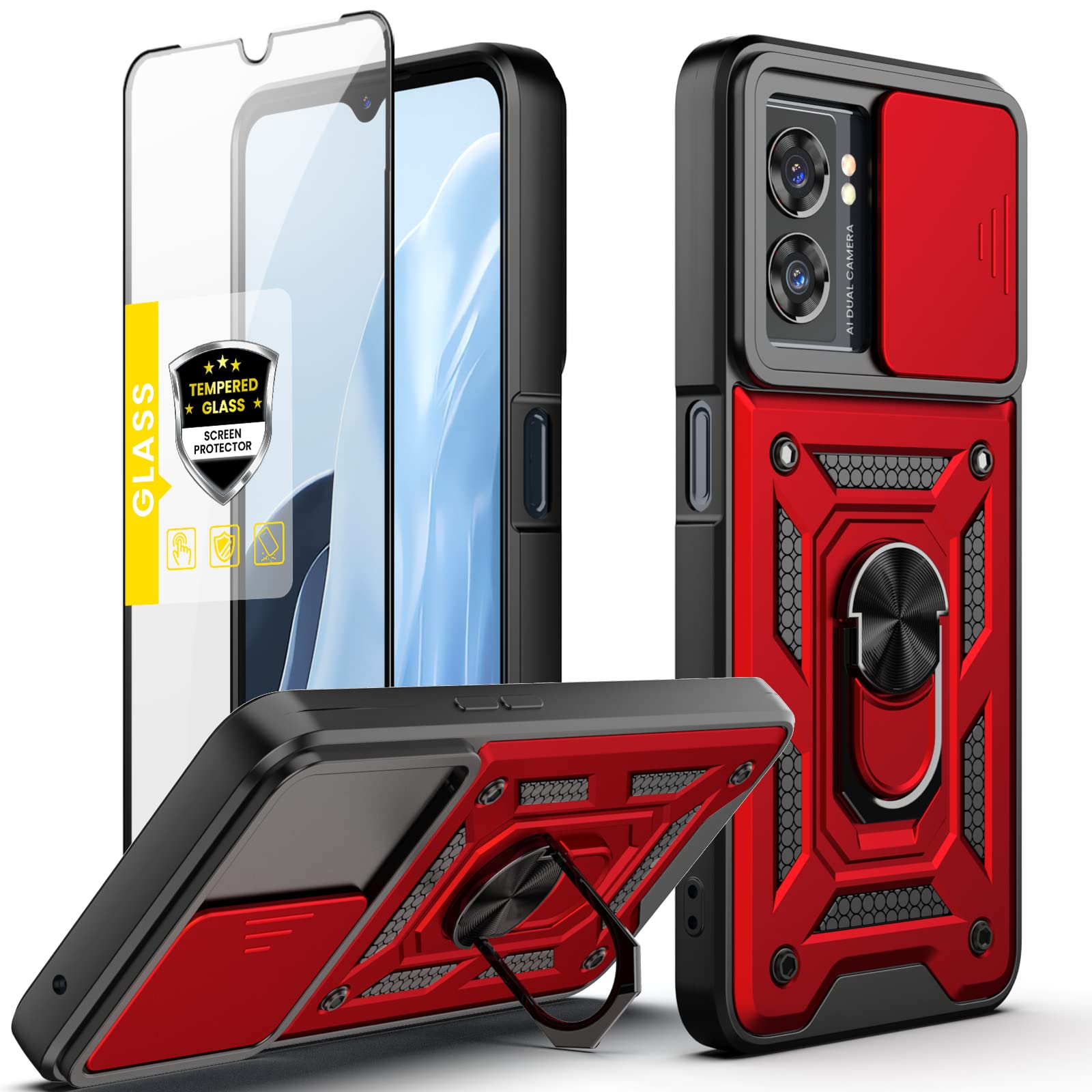 Dretal OnePlus Nord N300 5G Case with Stand Kickstand Ring and Camera Cover with Tempered Glass Screen Protector, Military Grade Shockproof Protective Cover for OnePlus Nord N300 5G (TC-Red)