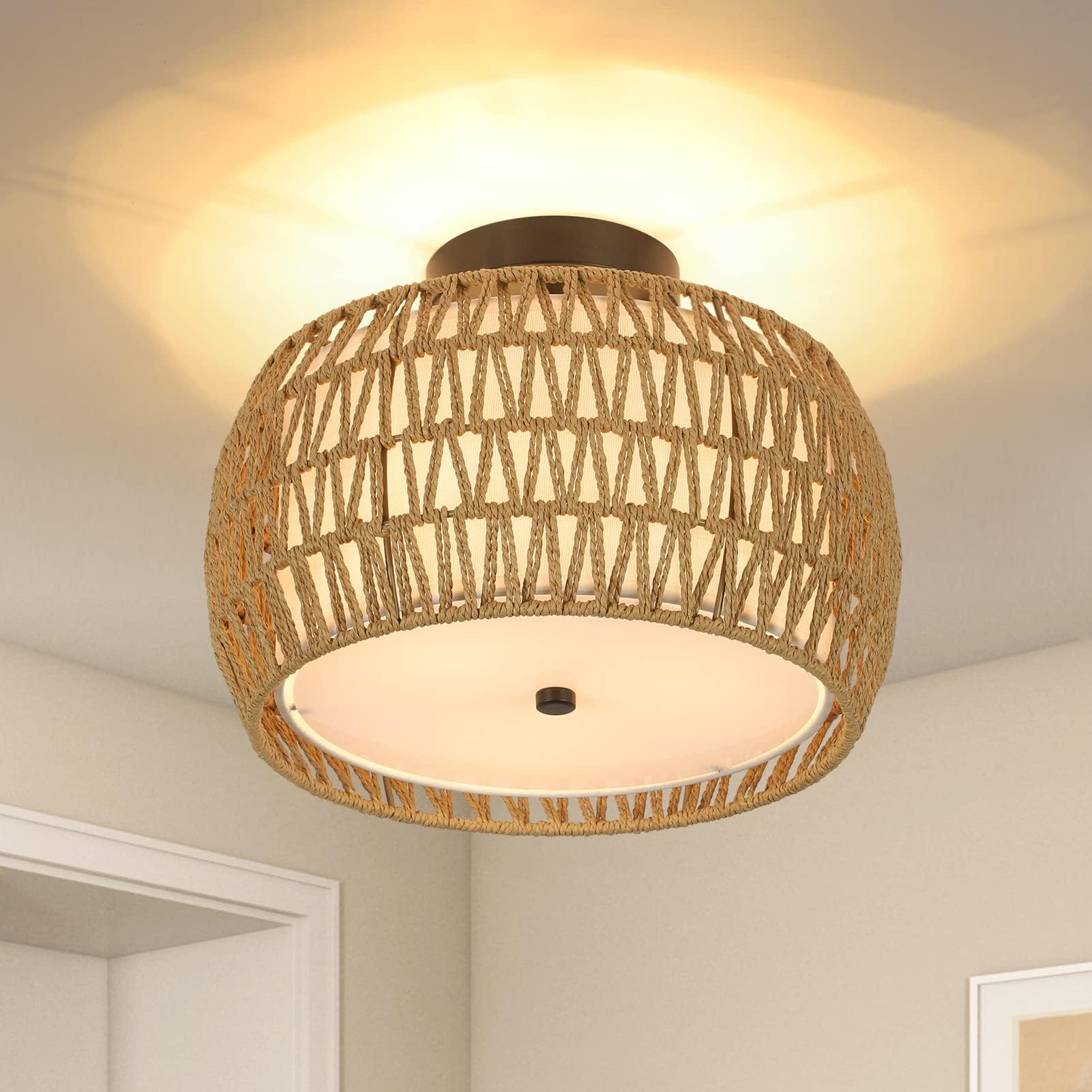 OCWHT Boho Chandelier Rattan Ceiling Light Fixtures Boho Lap Shade Flush Ount Ceiling Light - View #7