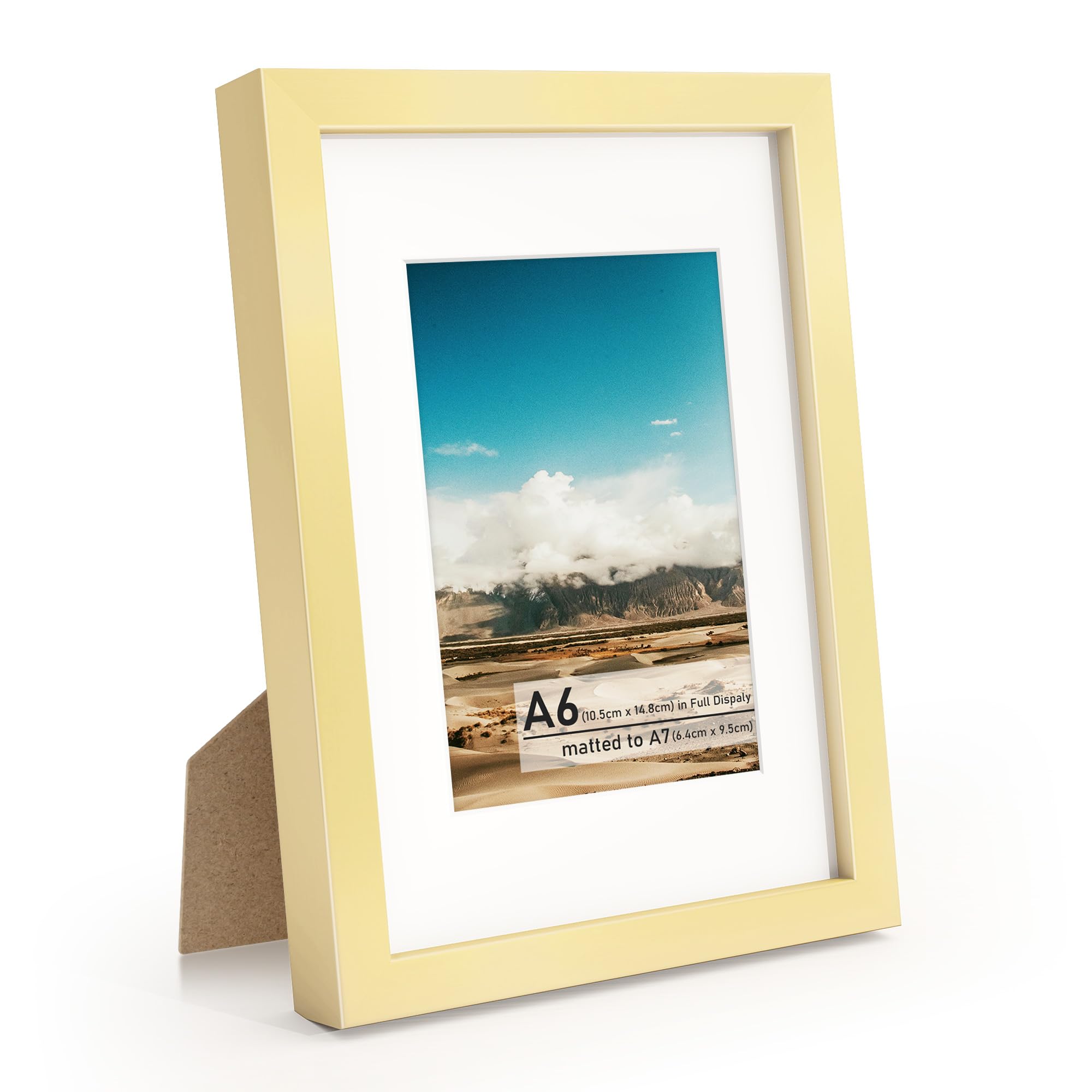 Metal Picture Frame A7(6.4x9.5cm) with Mat or A6(10.5x14.8cm) Without Mat, Upgrade Aluminum Photo Frames, for TableTop Display and Wall Mounting, Wall Hook Hanging Hardware Included, Gold â image 1