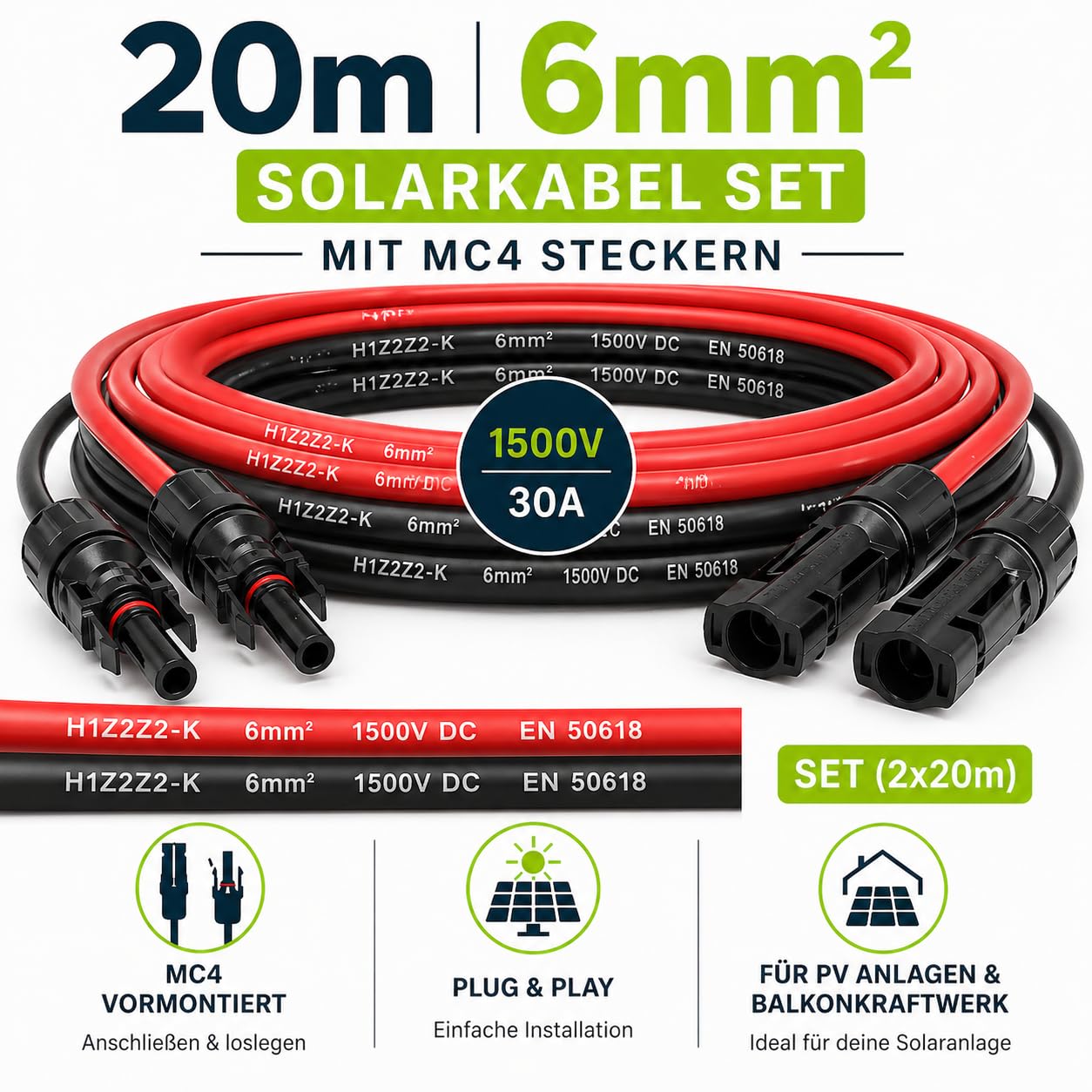 35Fahrenheit Juego de cables solares H1Z2Z2-K 6mm² | Cable de extensión 2x20m con toma solar | Cable fotovoltaico rojo/negro en ambos lados con enchufe para sistema solar fotovoltaico