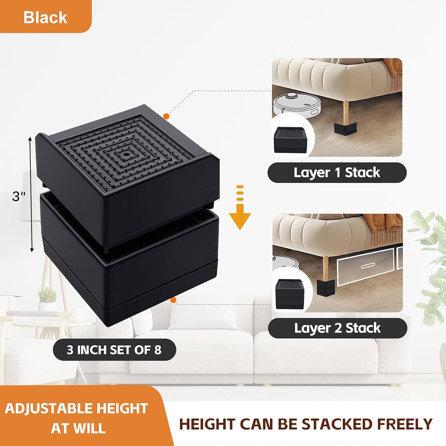 Bed Risers, Furniture Raise Blocks, 3 inch Stilts Heavy Duty for Bed Couch Desk Sofa Table Lifts, Furniture Legs Lifters Support up to 1300 Lbs (Black, 8 Pack Set)