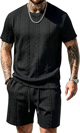 Babioboa Mens Short Sleeve Tracksuit Summer T Shirt & Shorts set Striped Jaquard Solid Two Piece Casual Daily Duty-off