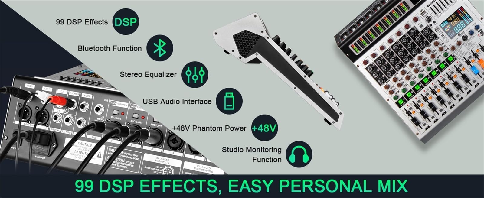 Controladora DJ, Mezclador de 8 canales, mezcla de profesional, 99 efectos digitales DSP, consola de, mezclador de DJ for escenarios de .(12-way)