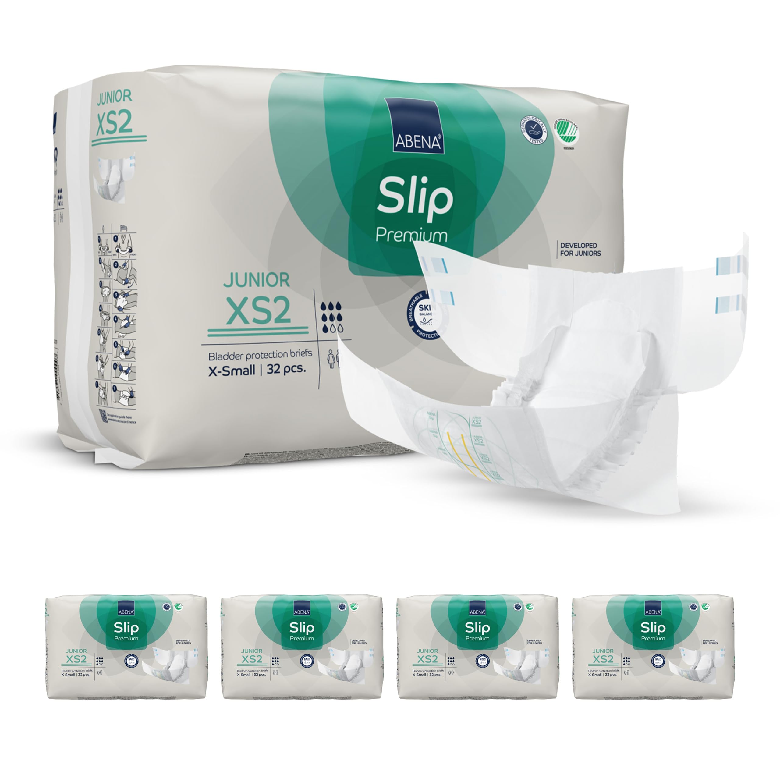Slip Premium Junior Nappies, Size 7 / XS2, 40-60cm Waist Age 5-15, 4 X 32PK, Enhanced Leakage Protection, Eco-Labelled, Secure and Comfortable Nappy Pants For Children