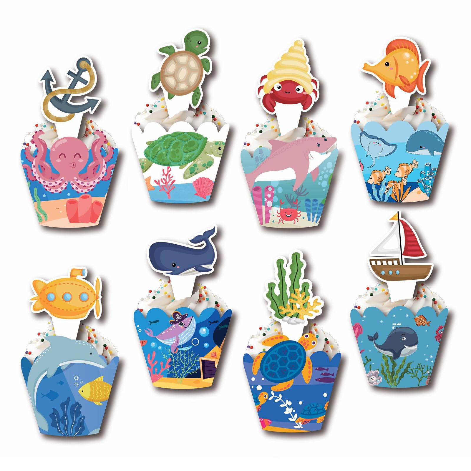 Ocean Themed Cupcake Toppers and Wrappers, Set of 48pcs Cupcake Decorations Supplies, Under The Water Themed Party Decorations, for Kids Boys Gilrs Birthday Baby Shower Party Supplies