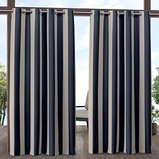 Exclusive Home Canopy Stripe Grommet Top Curtain Panels 54x96 Navy/Sand Set of 2 Indoor/Outdoor UV Protected