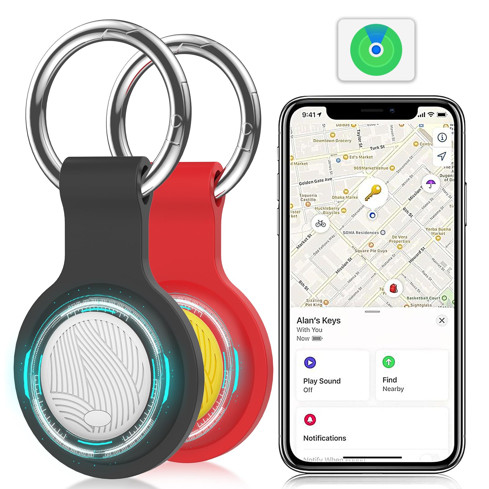 ICOO Key Finders & trackers Works with Apple Find My (iOS Only) is Perfect for locating Keys, Luggage, Backpacks, and Pets. These Item Finders Feature Replaceable Batteries, Loud beeps, and Tracking
