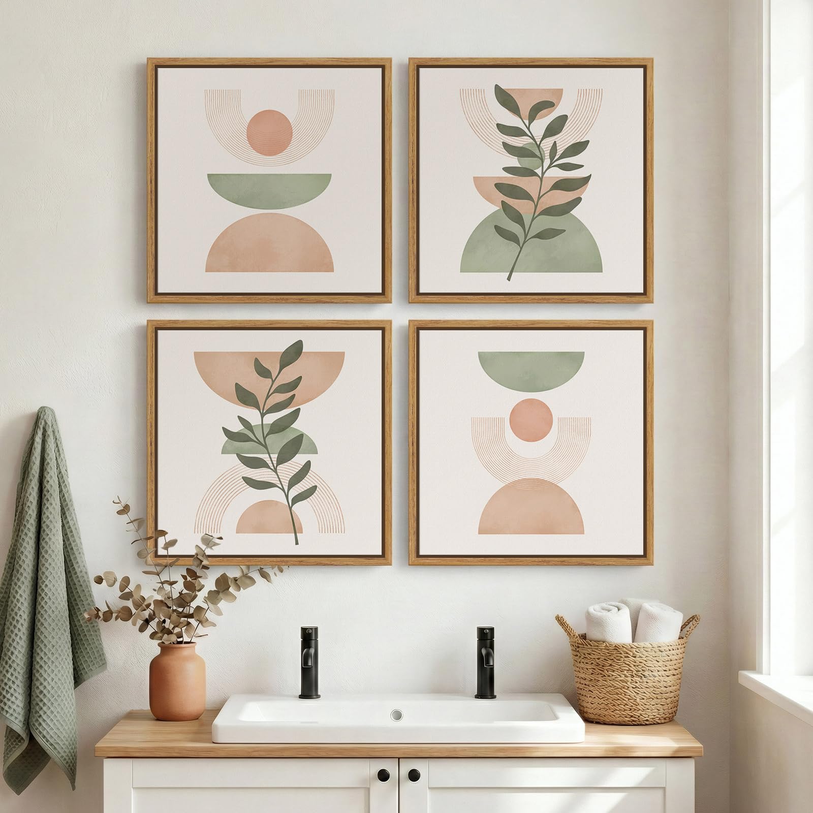 framed boho abstract wall art, 4 piece pink green botanical plant modern pictures decor, minimalist farmhouse geometric mid century painting prints for bathroom living room bedroom 12x12 inch