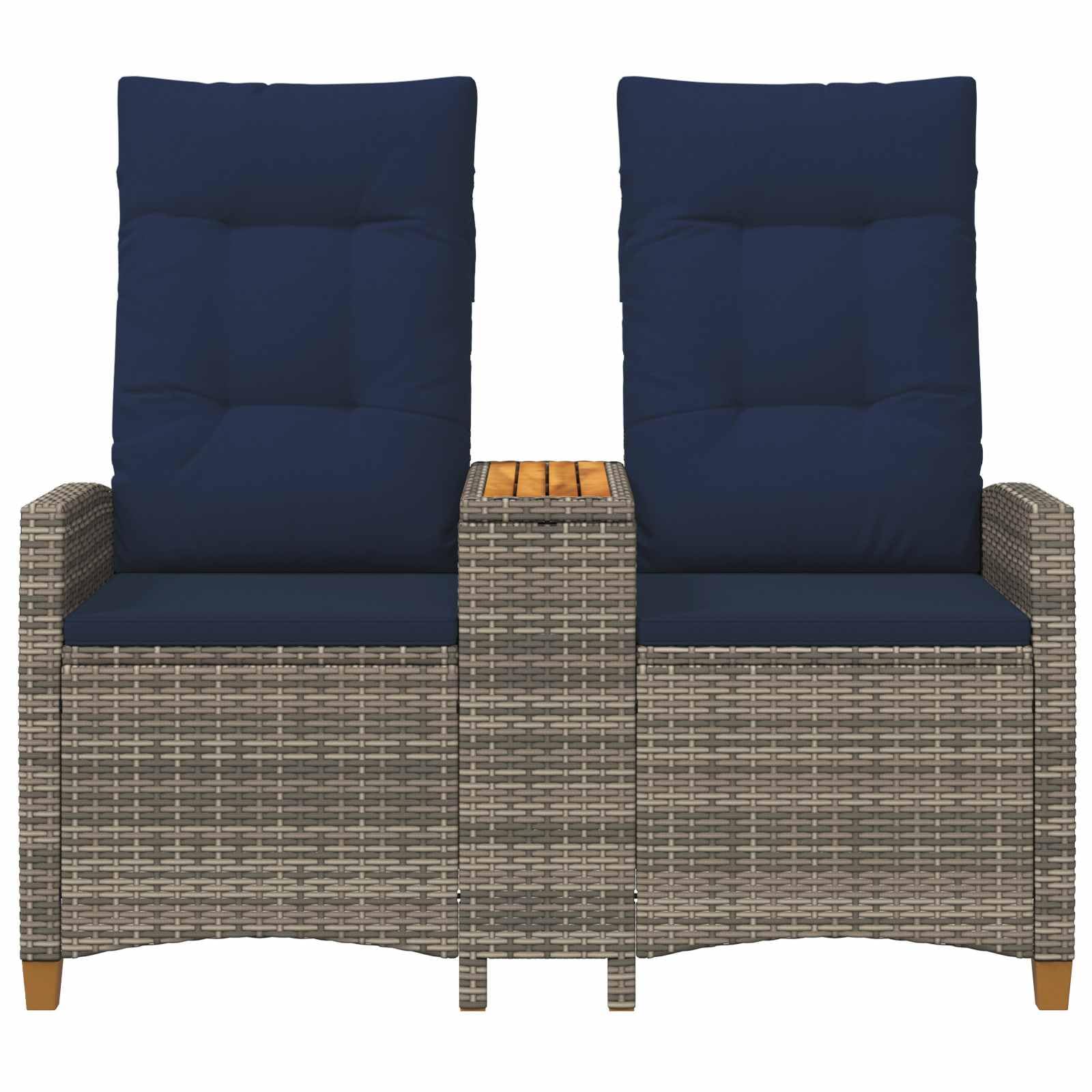 Gartenbank mit integriertem Tisch, Rattan-Optik Sitzbank mit Verstellbarer Rückenlehne, Poly-Rattan Liegebank für Terrasse und Garten, Grau und Marineblau, 126 x 65 x 112 cm