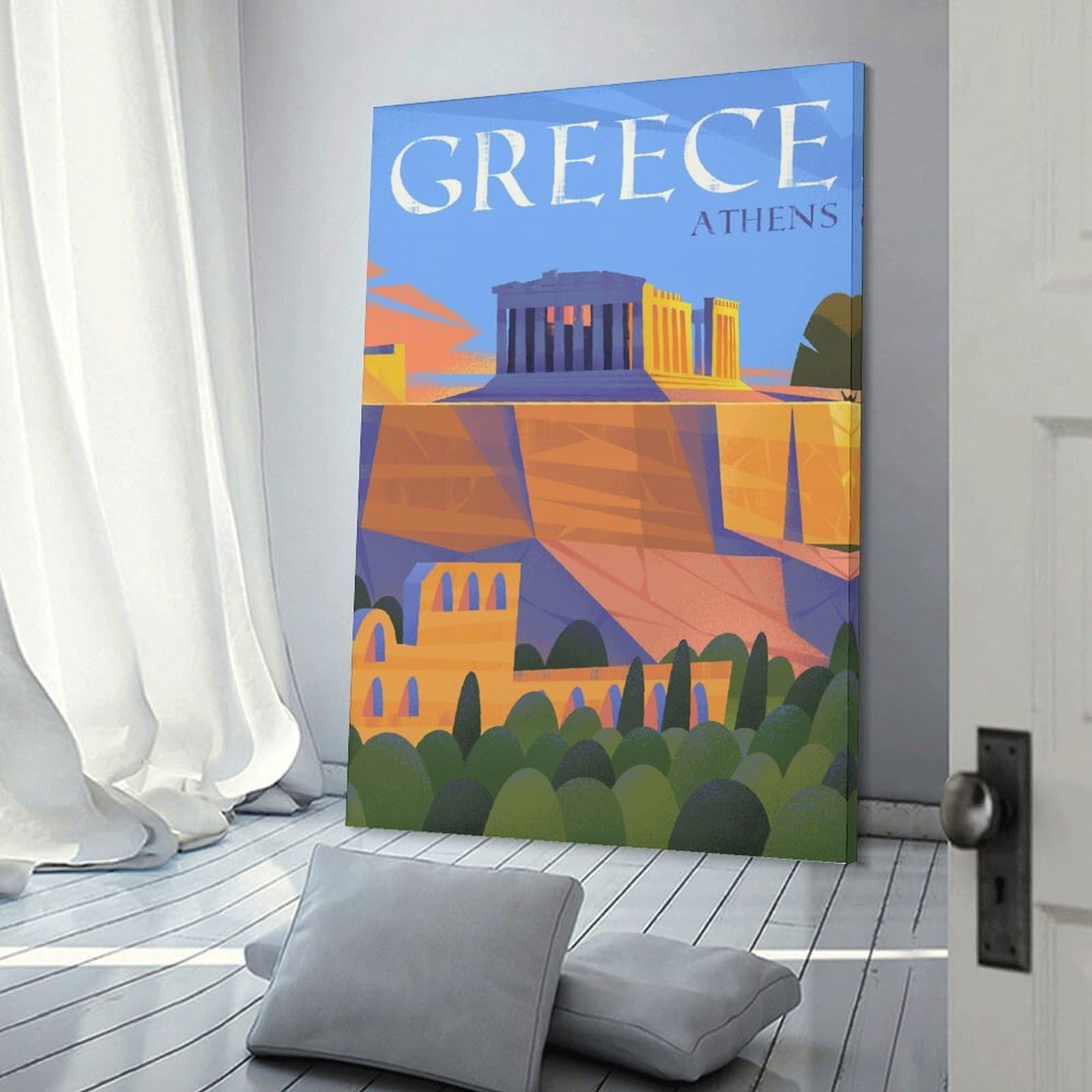 Junmoney Athens, Greece Illustration Hanging Wall Art, 20x30inch(50x75cm), for New Homes, Bedrooms Or Workspaces, Thoughtful Wall Decor for Art Lovers